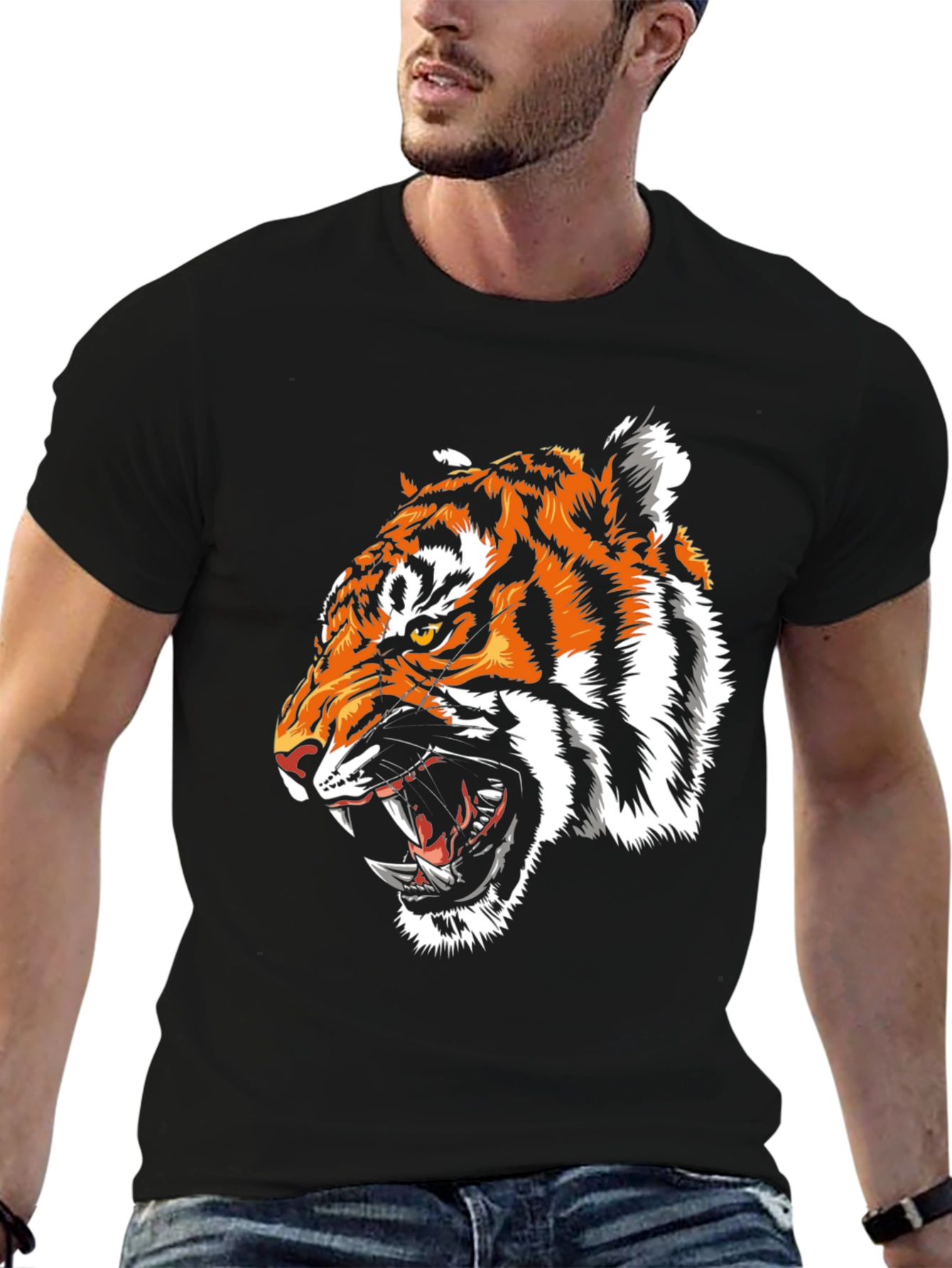 Camiseta Negra con Estampado de Tigre Feroz