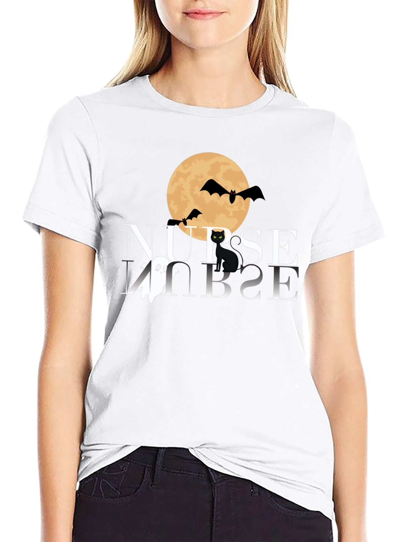 Camiseta Halloween Enfermera: Luna Murciélagos y Gato