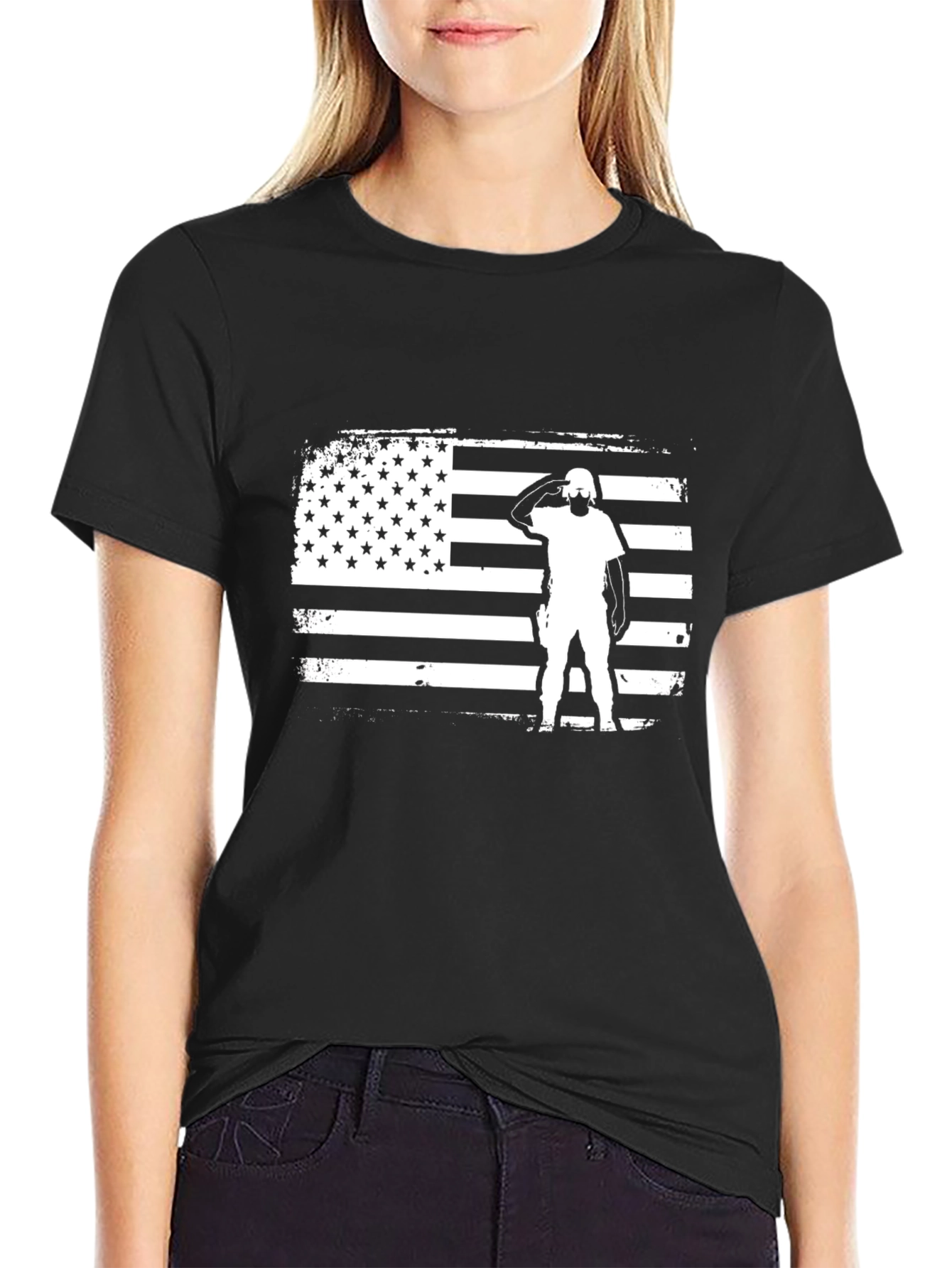 Camiseta Negra con Diseño de Bandera Americana Militar
