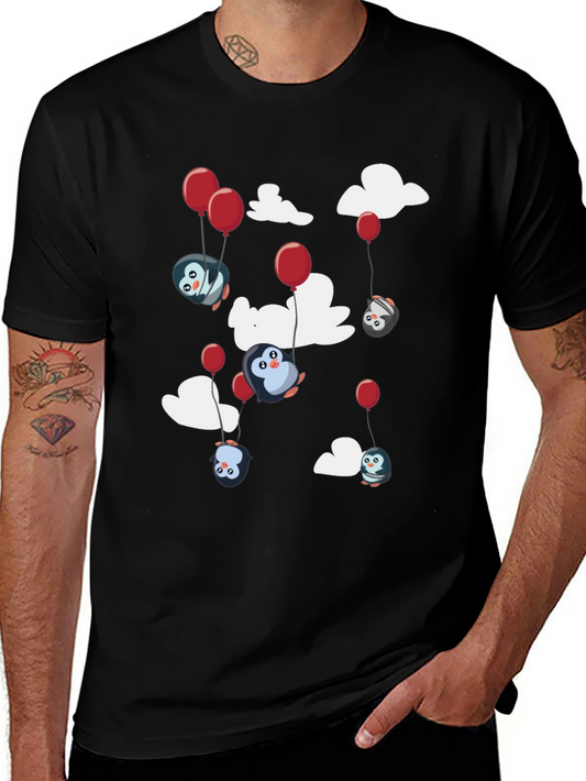 Camiseta Negra Estampada con Pingüinos Voladores