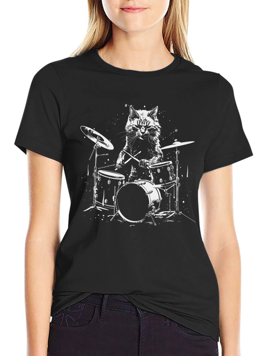 Camiseta Negra: Gato Baterista Rockero