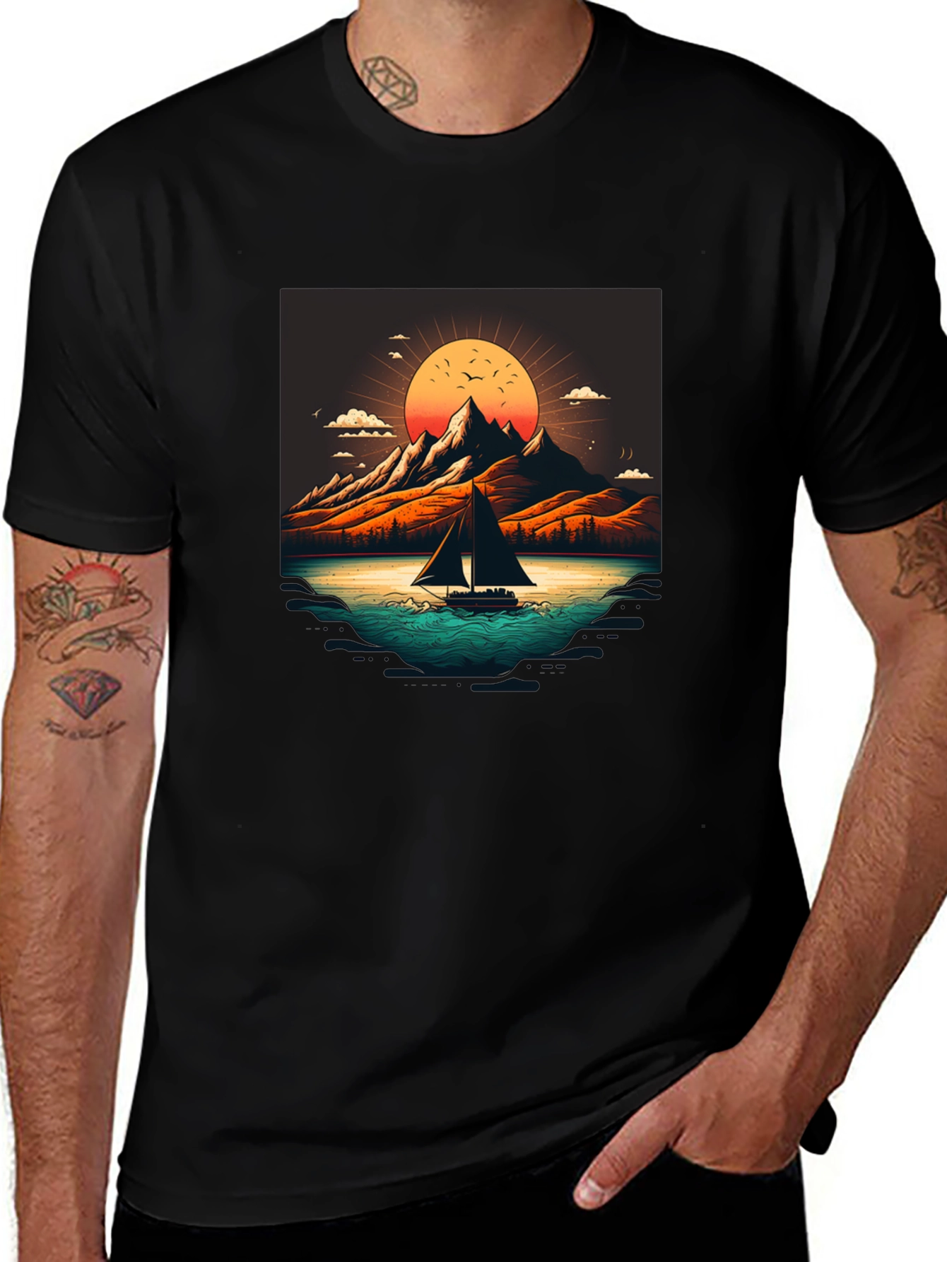 Camiseta Negra con Diseño de Paisaje Montañoso
