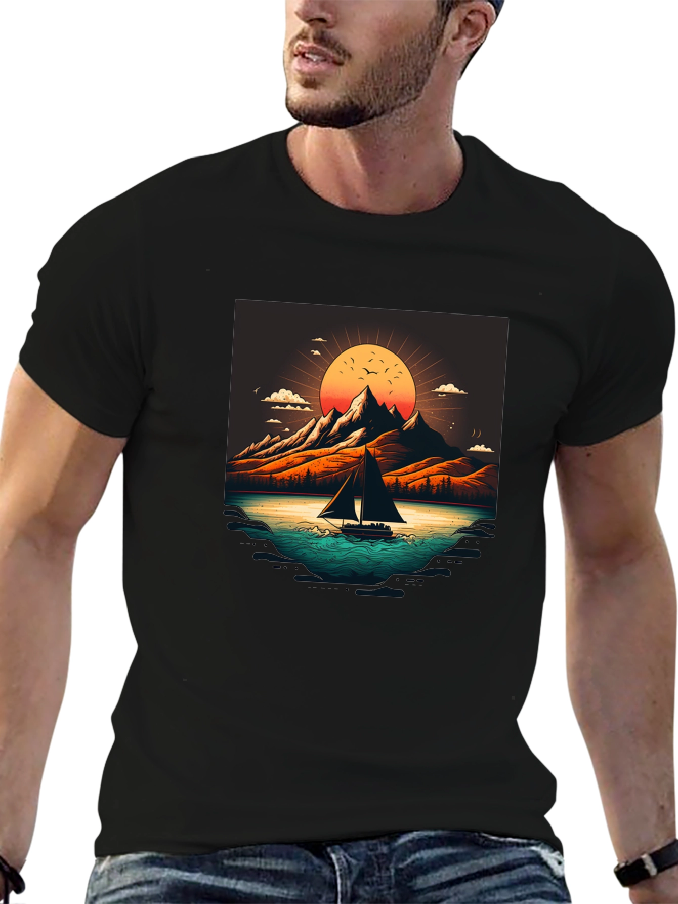 Camiseta Negra con Diseño de Paisaje Montañoso