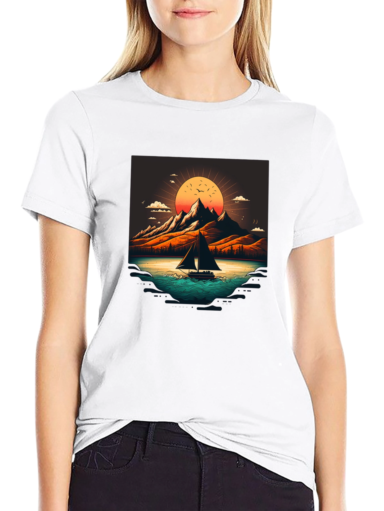 Camiseta Negra con Diseño de Paisaje Montañoso
