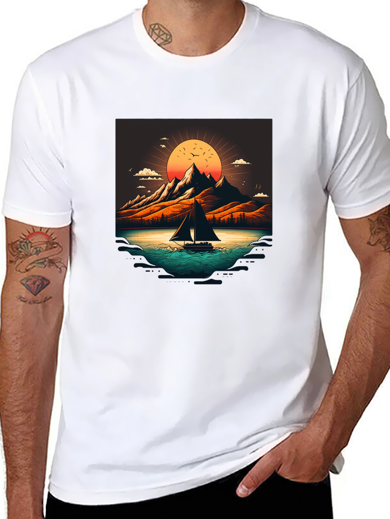 Camiseta Negra con Diseño de Paisaje Montañoso