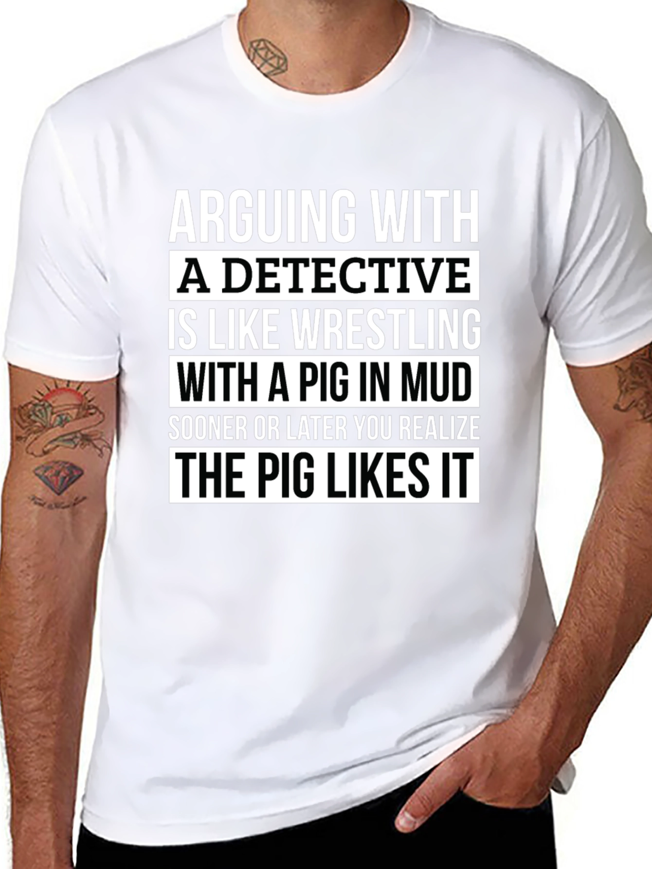 Camiseta Negra con Humor: Detective y el Cerdo