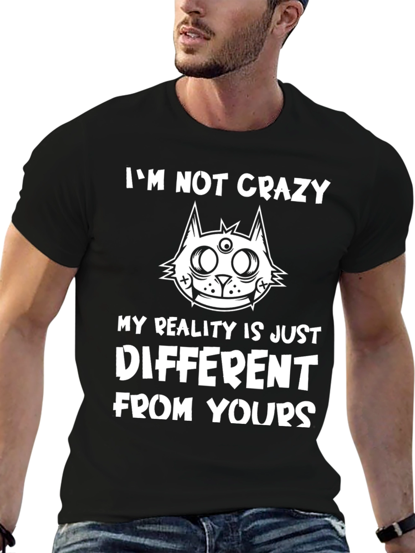 Camiseta Negra con Estampado Gato Loco