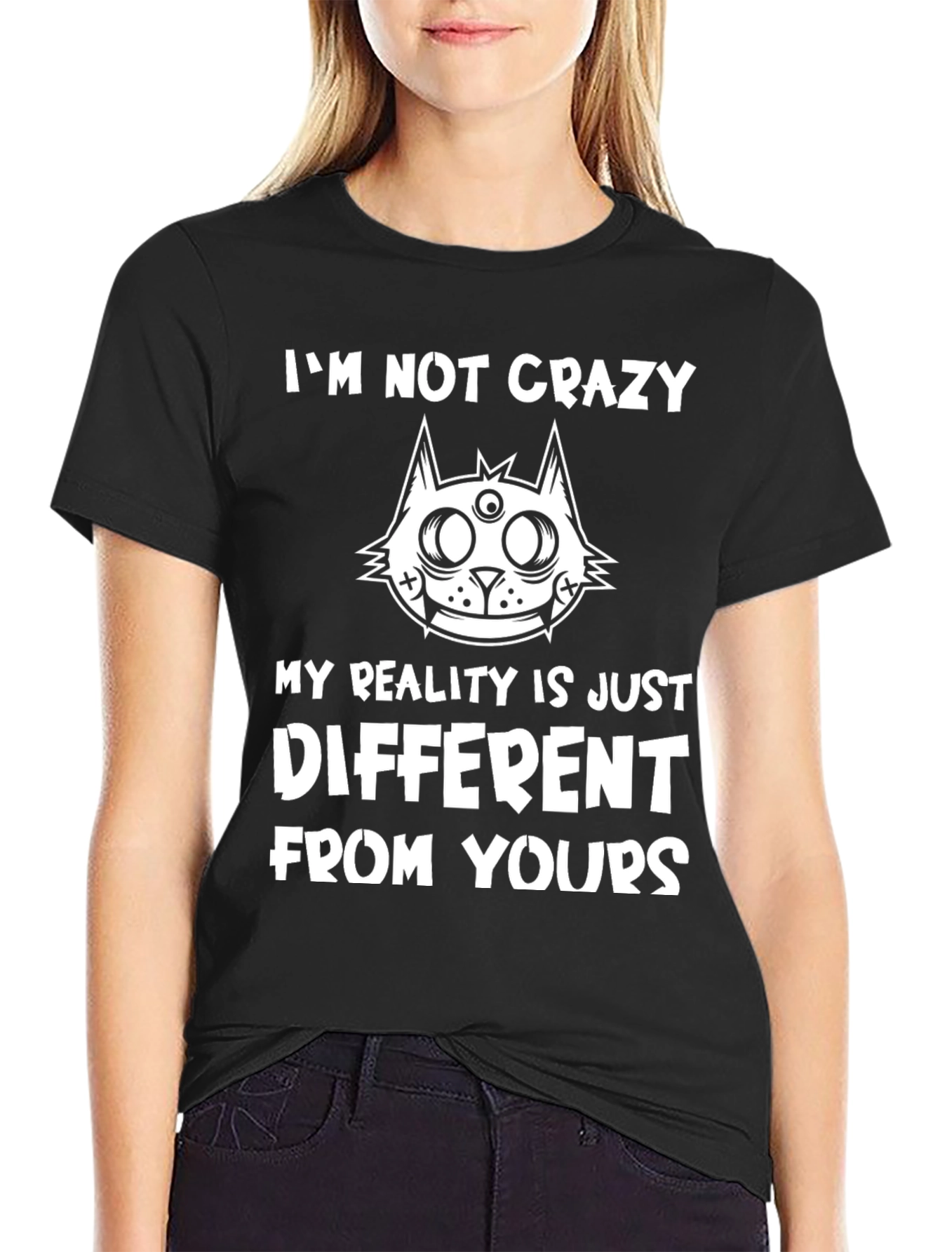 Camiseta Negra con Estampado Gato Loco