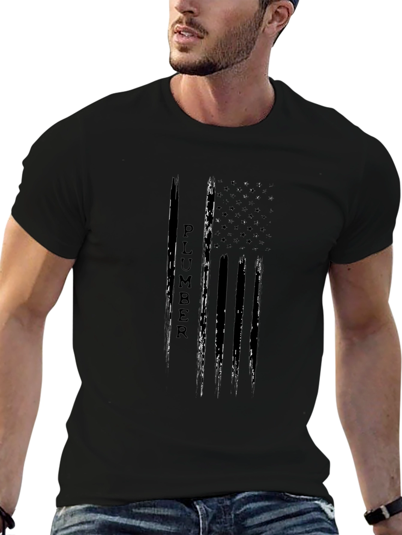Camiseta Negra Diseño Bandera Americana Fontanero