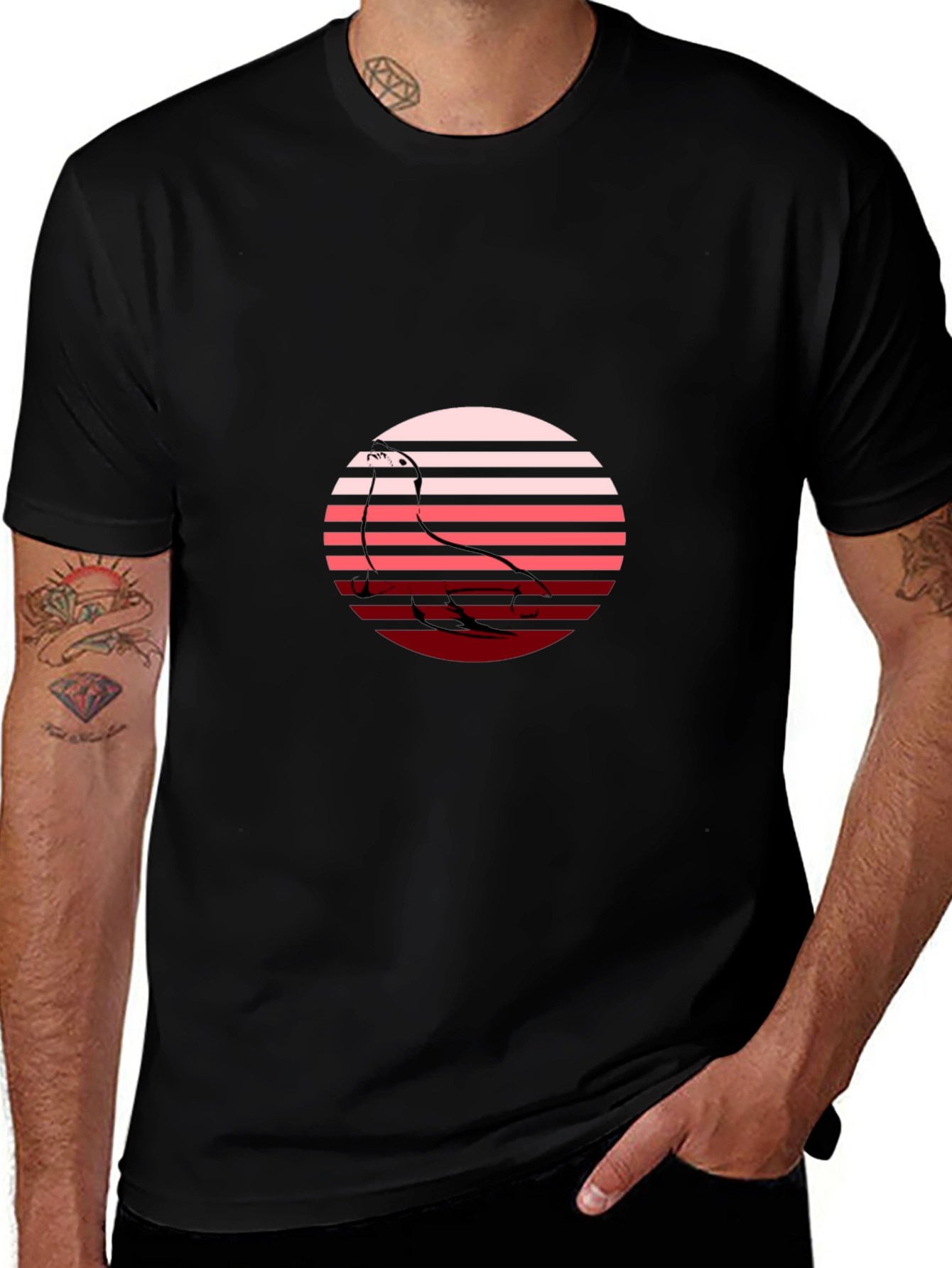 Camiseta Hombre Negra con Diseño Retro de Ave
