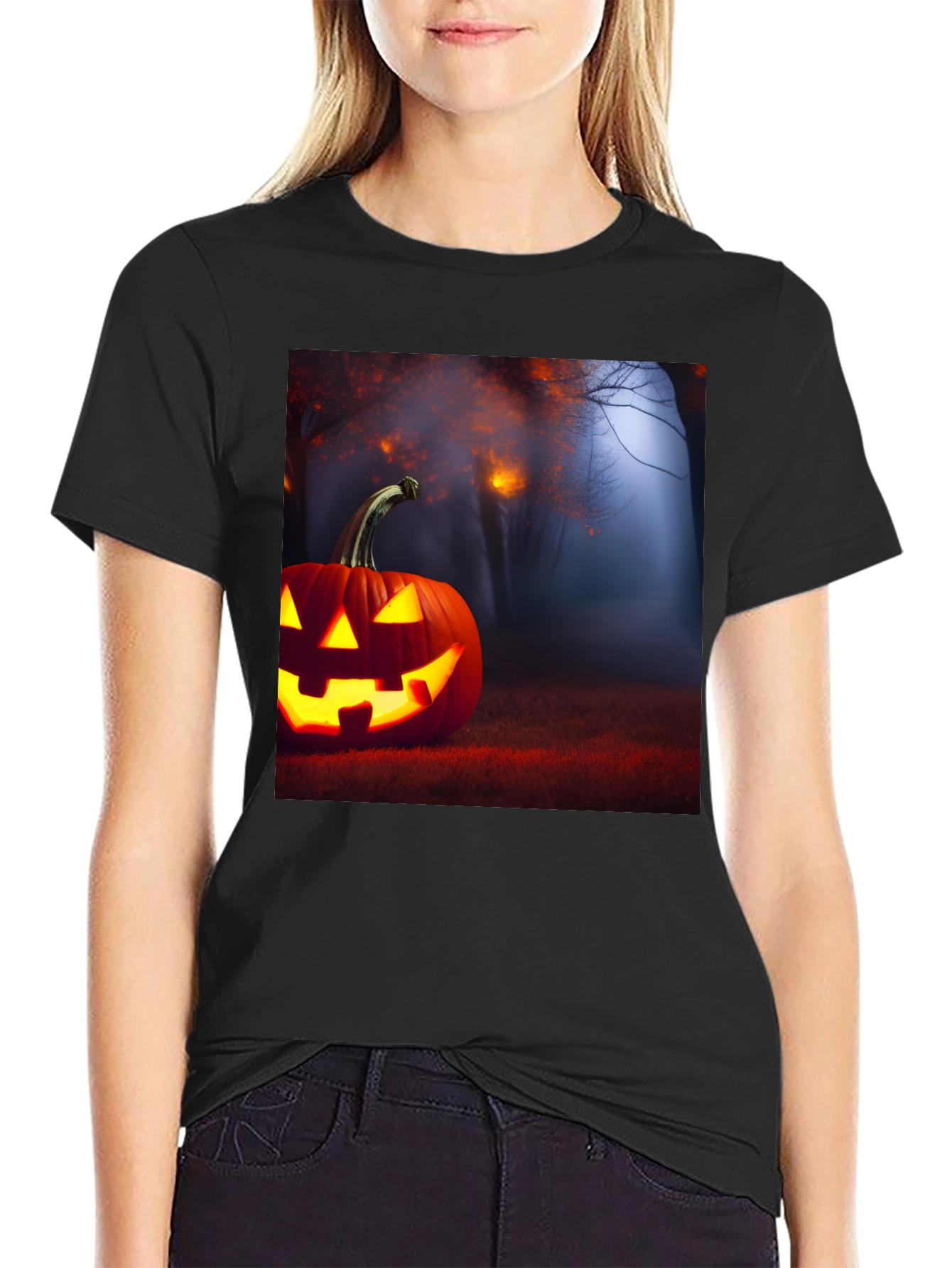 Camiseta Negra con Diseño de Calabaza Halloween