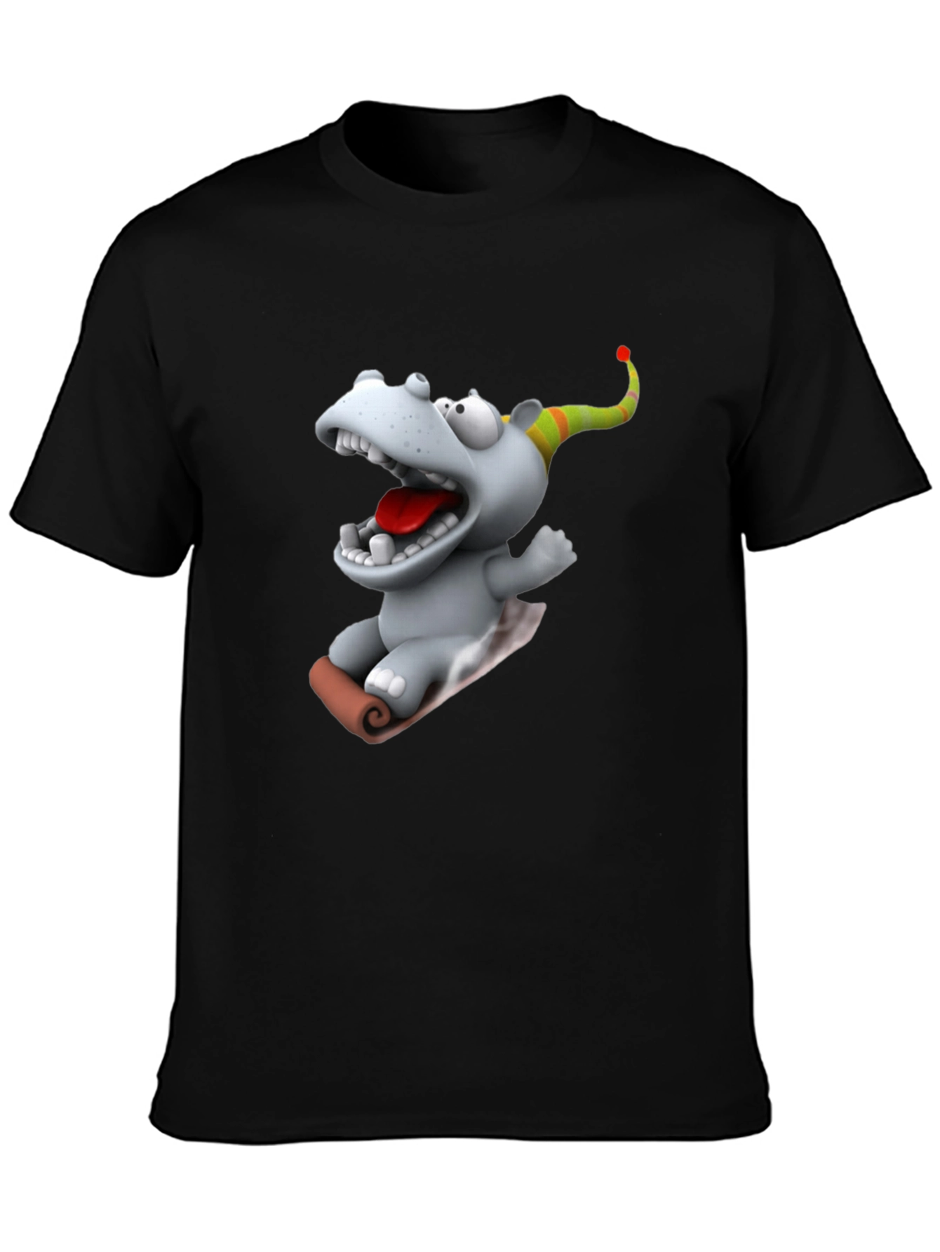 Camiseta Negra con Dibujo Animado de Hipopótamo Navideño