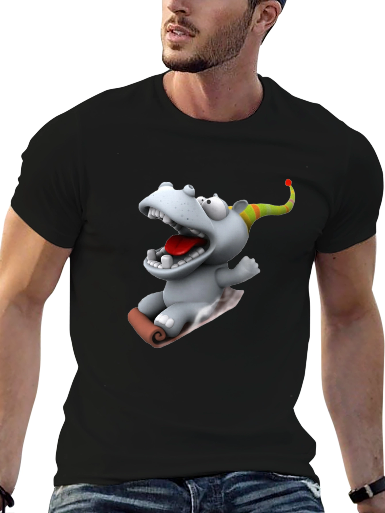Camiseta Negra con Dibujo Animado de Hipopótamo Navideño