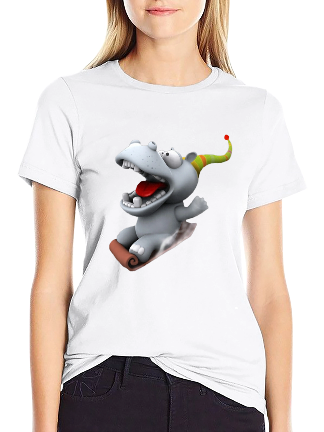 Camiseta Negra con Dibujo Animado de Hipopótamo Navideño