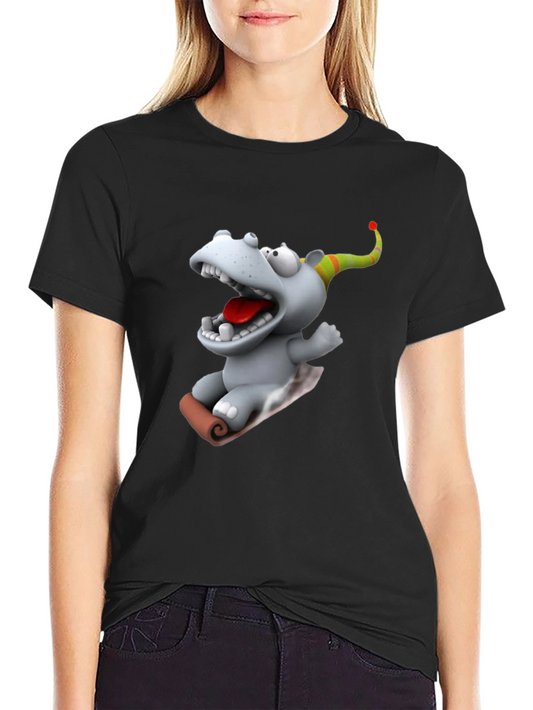 Camiseta Negra con Dibujo Animado de Hipopótamo Navideño