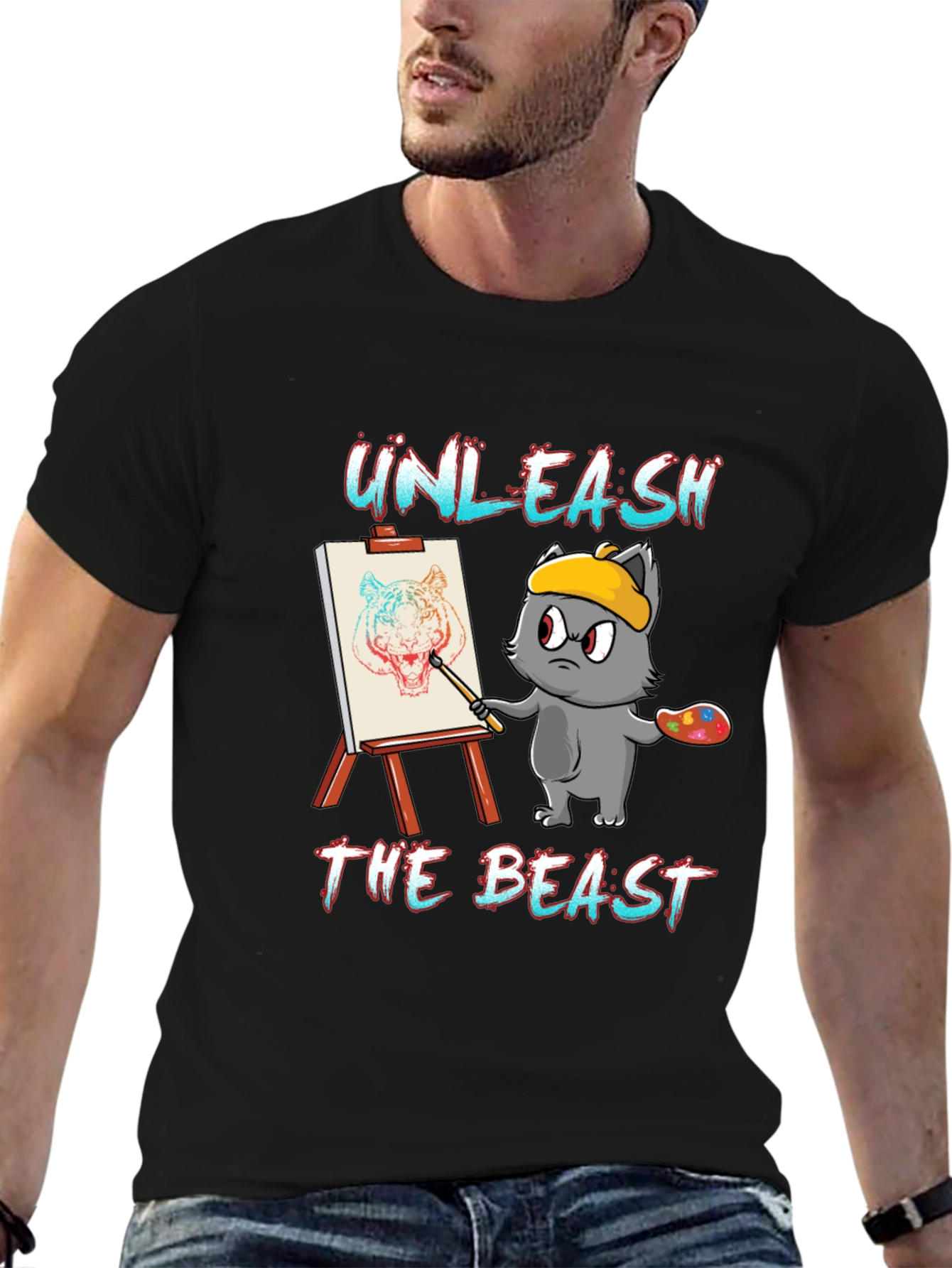 Camiseta Negra: Gato Artista Unleash The Beast