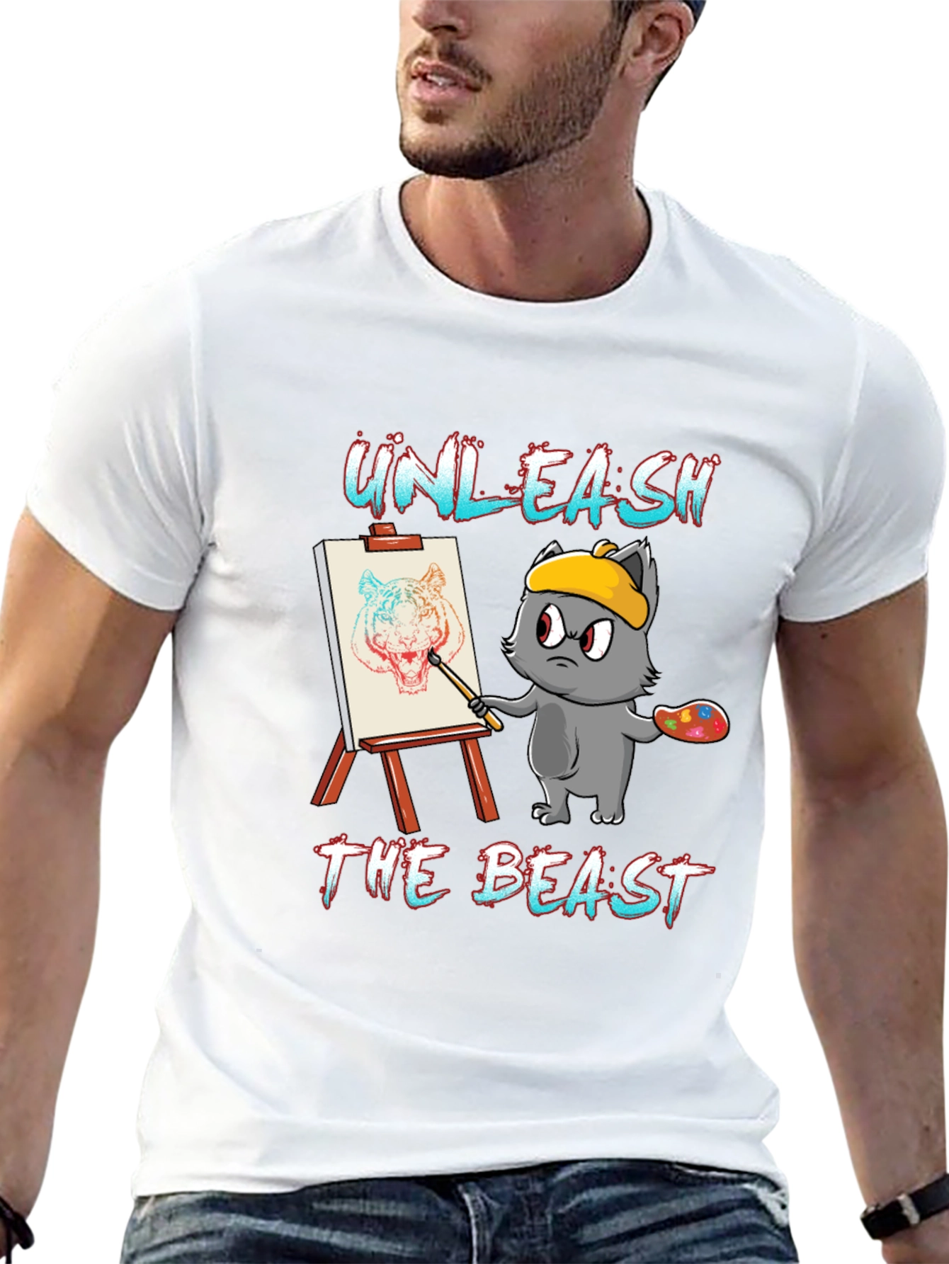 Camiseta Negra: Gato Artista Unleash The Beast