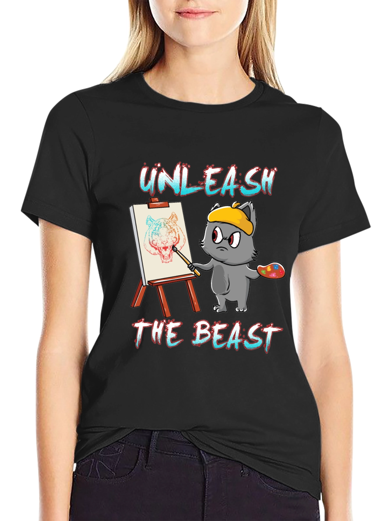 Camiseta Negra: Gato Artista Unleash The Beast