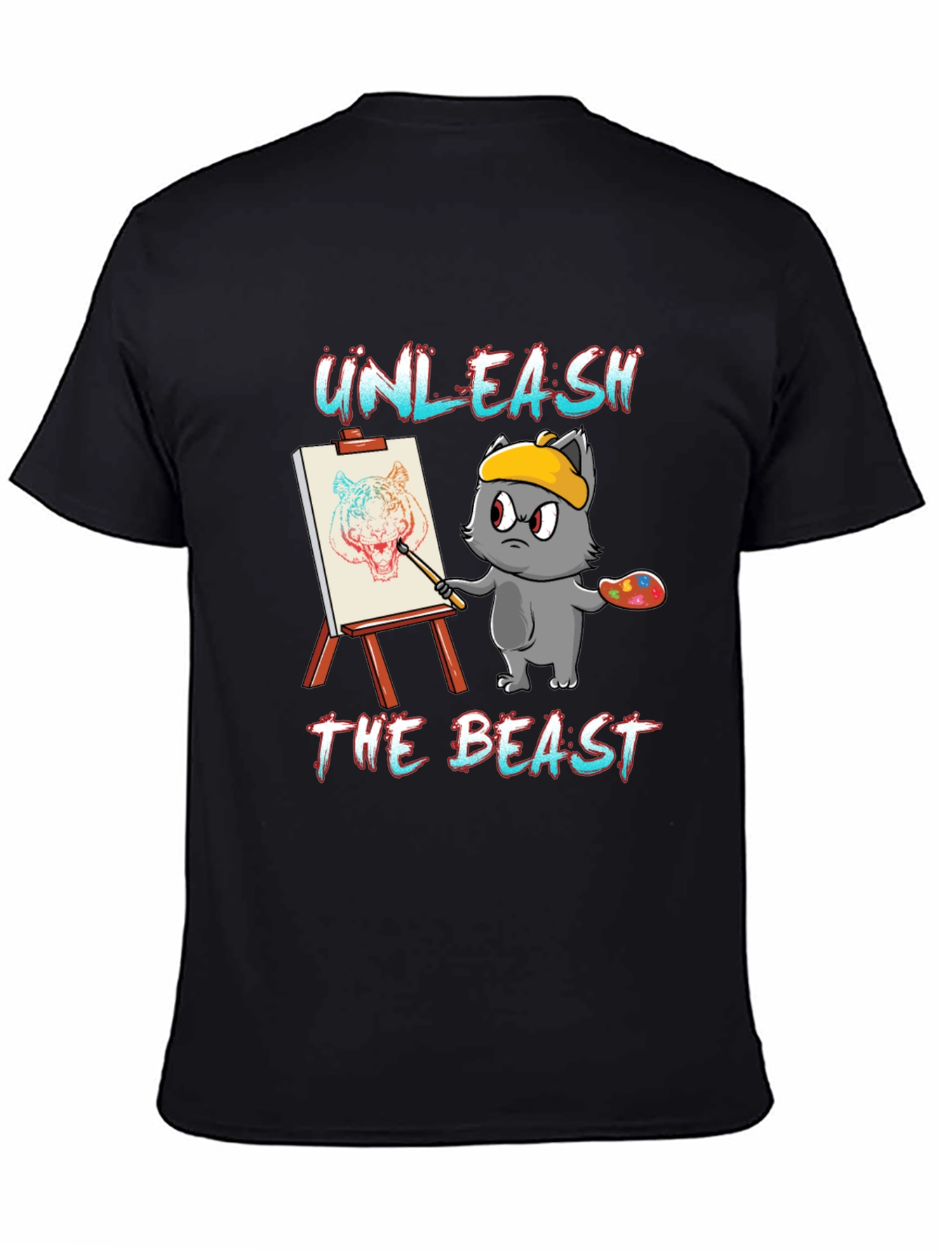 Camiseta Negra: Gato Artista Unleash The Beast