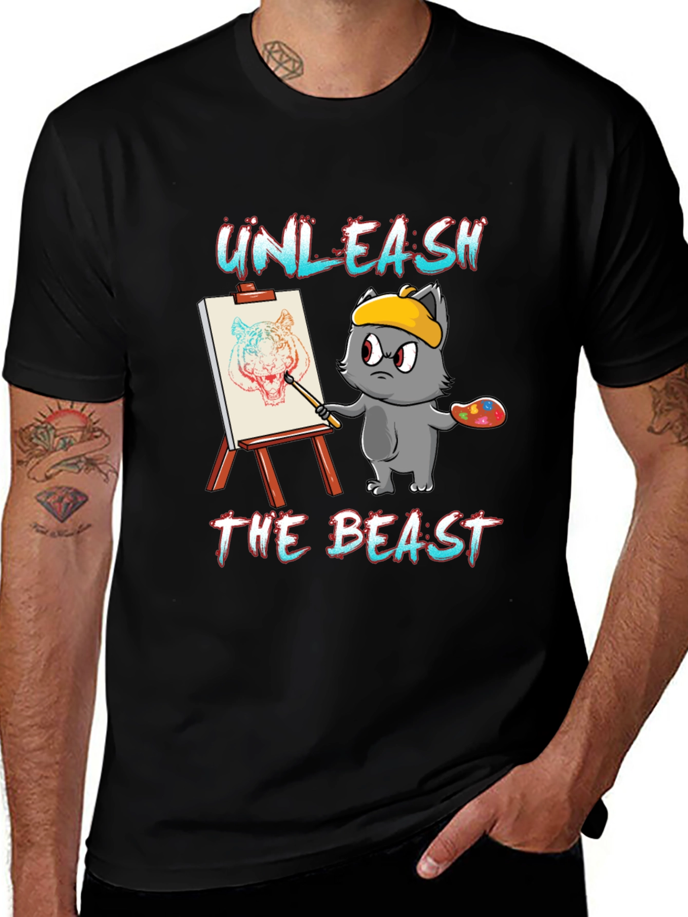 Camiseta Negra: Gato Artista Unleash The Beast