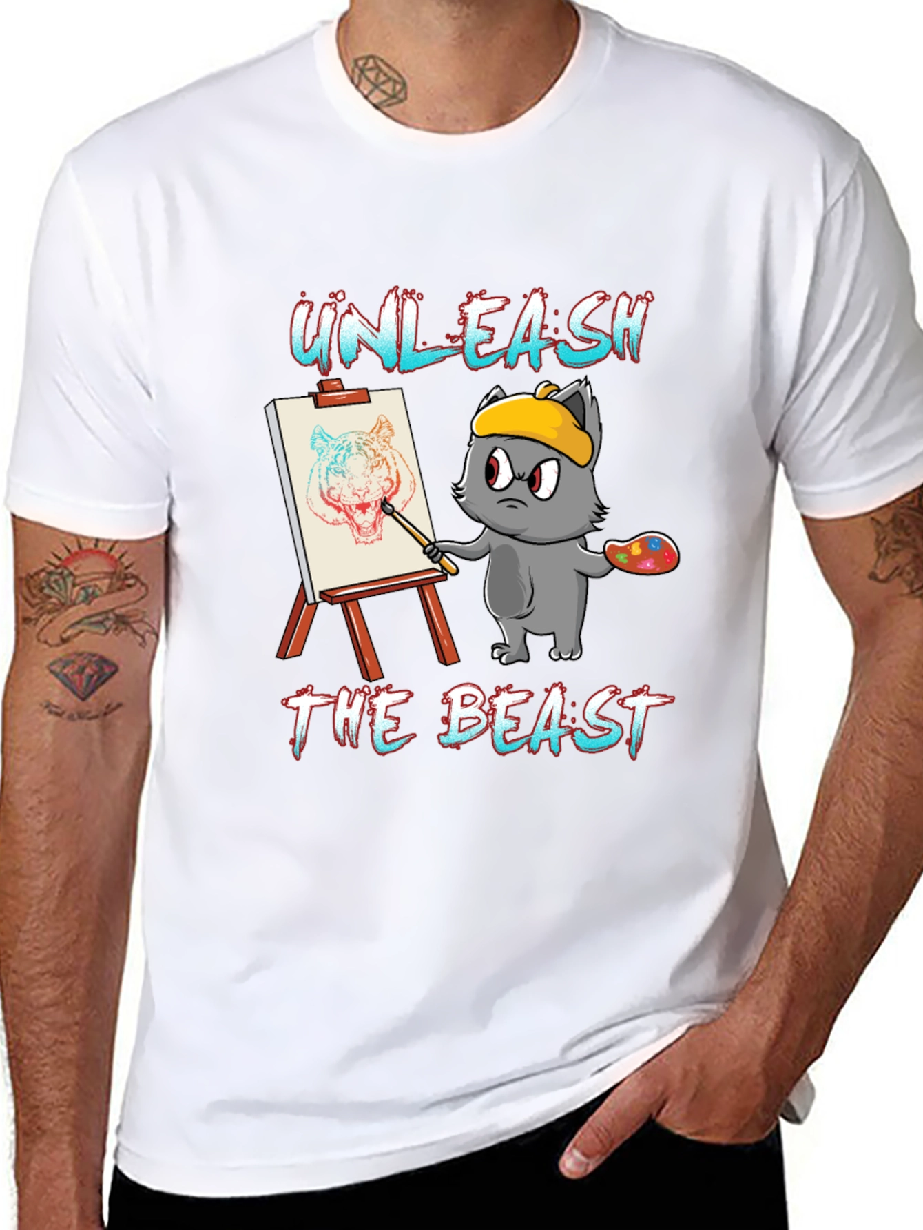 Camiseta Negra: Gato Artista Unleash The Beast