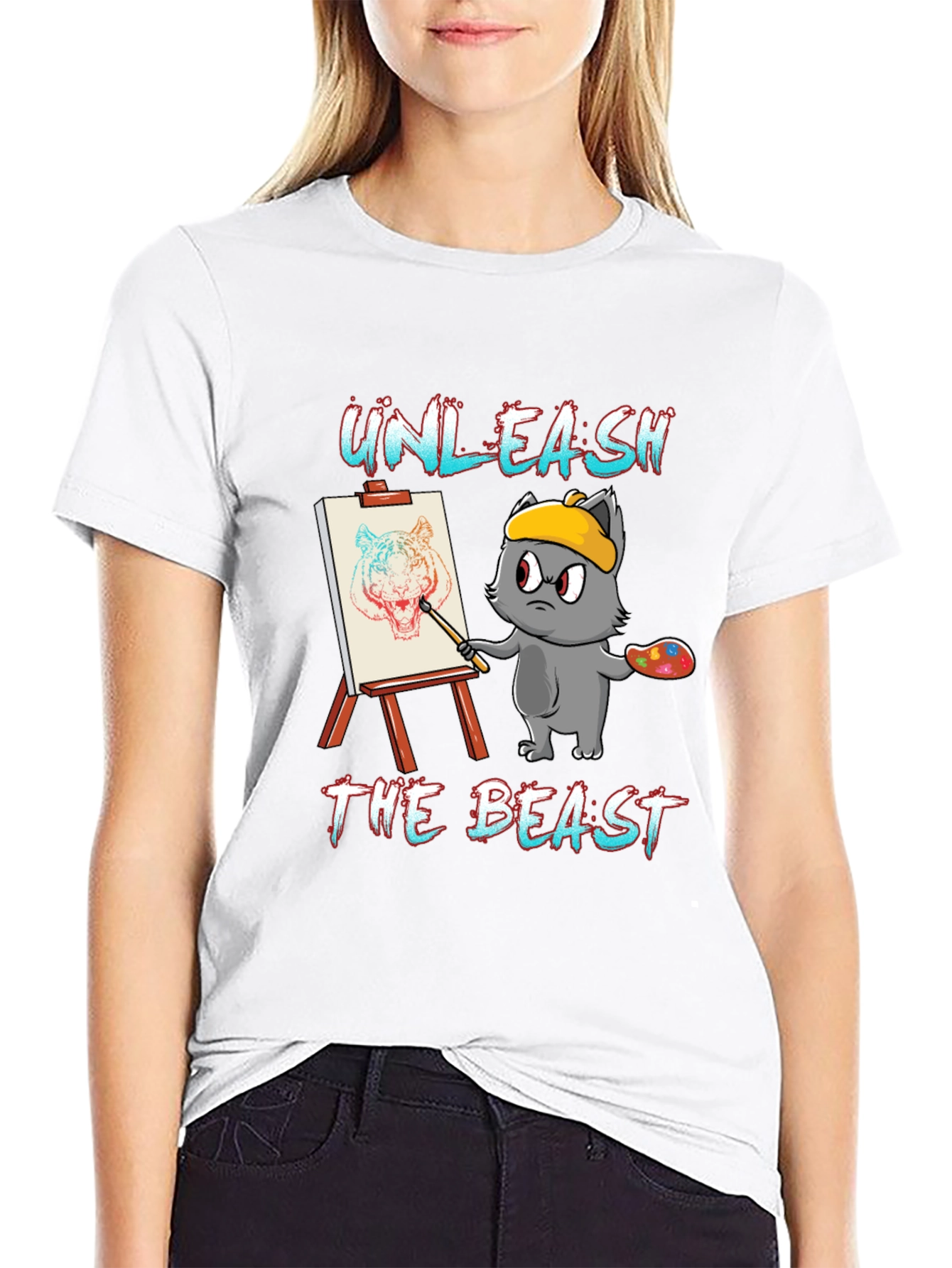 Camiseta Negra: Gato Artista Unleash The Beast