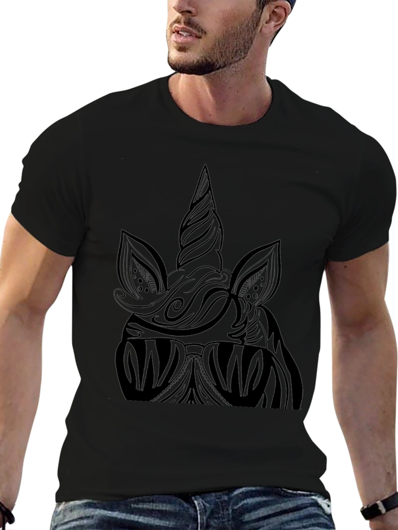 Camiseta Negra Unicornio Estilizado Hombre