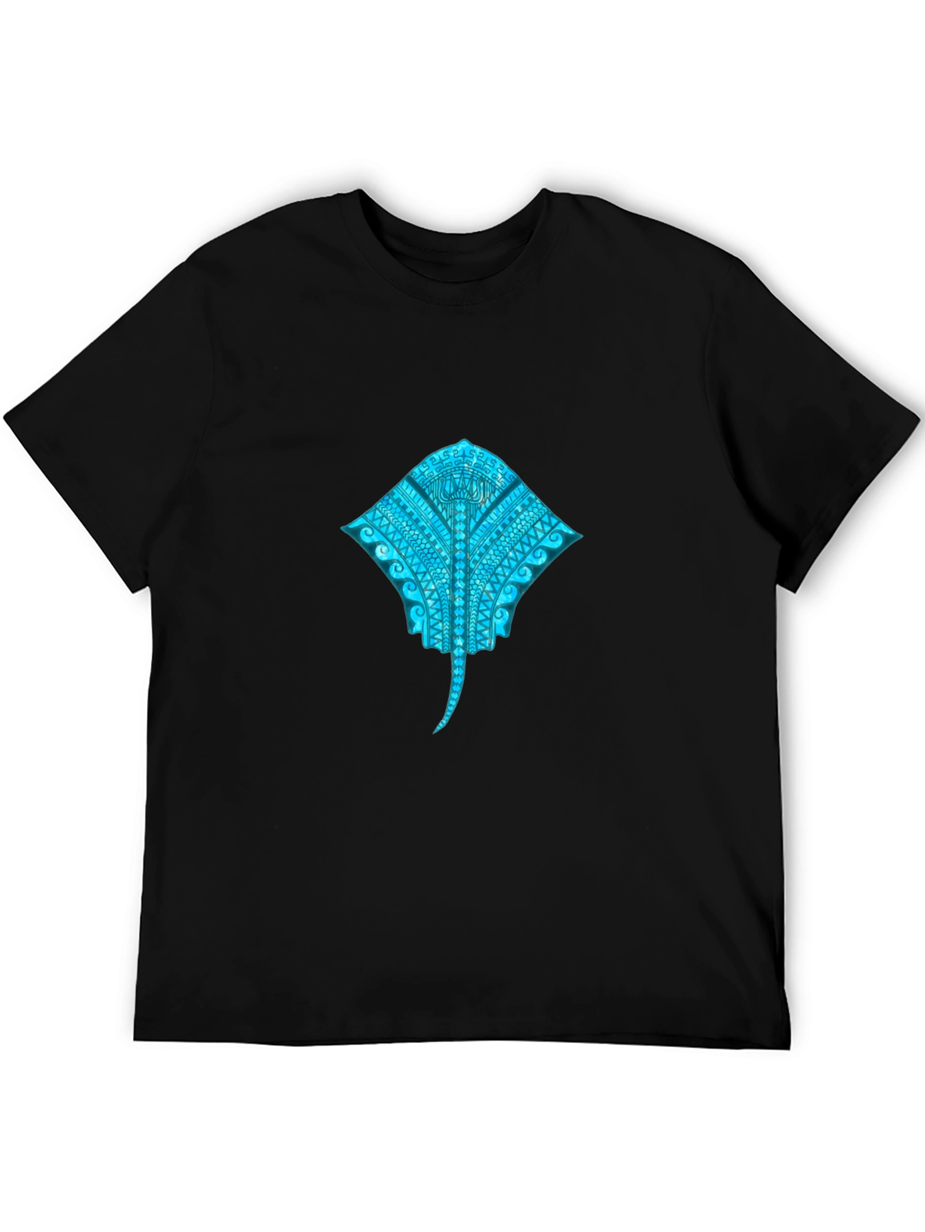 Camiseta Negra con Diseño de Mantarraya Tribal Azul