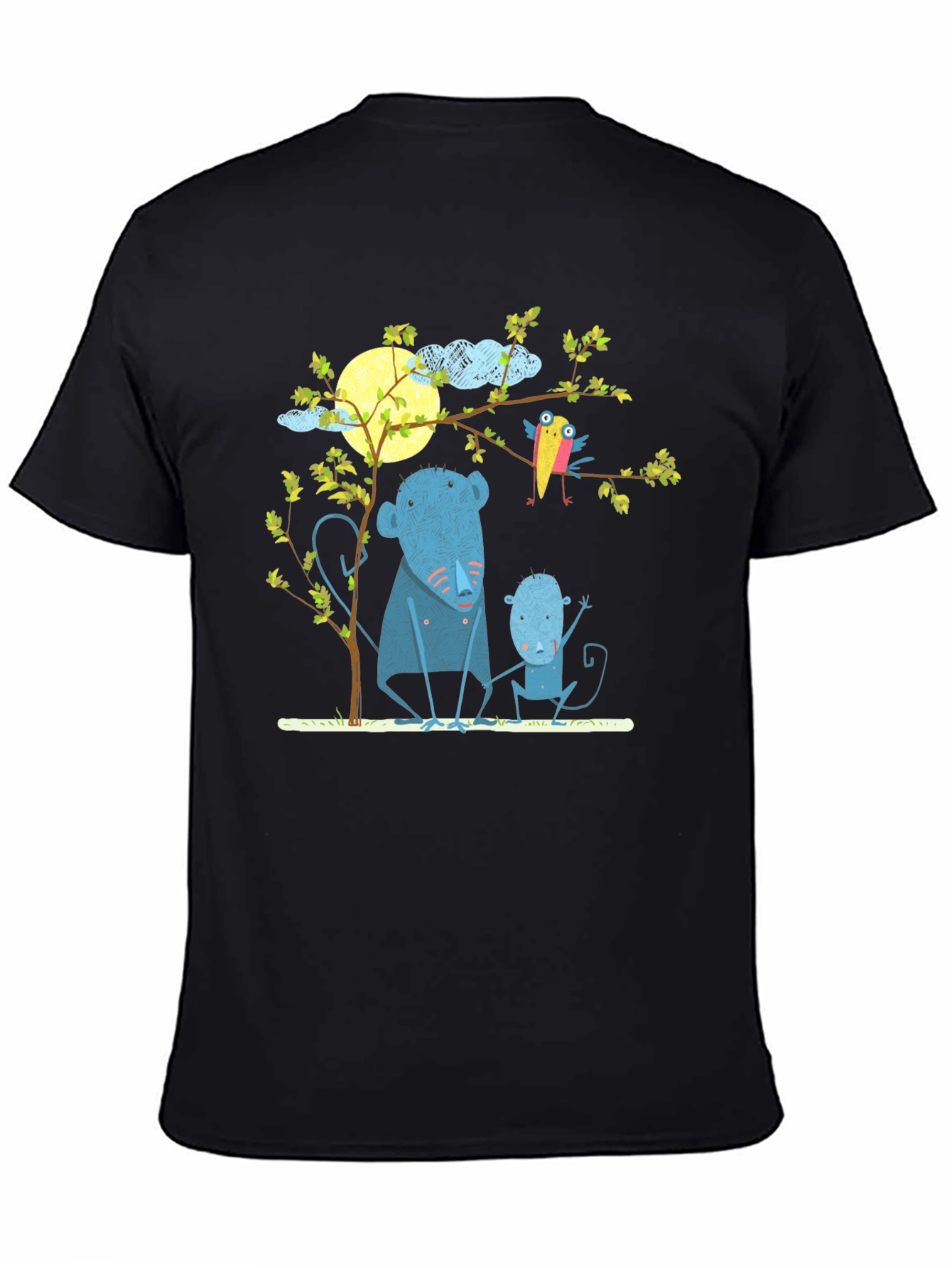 Camiseta negra con diseño de animales y luna