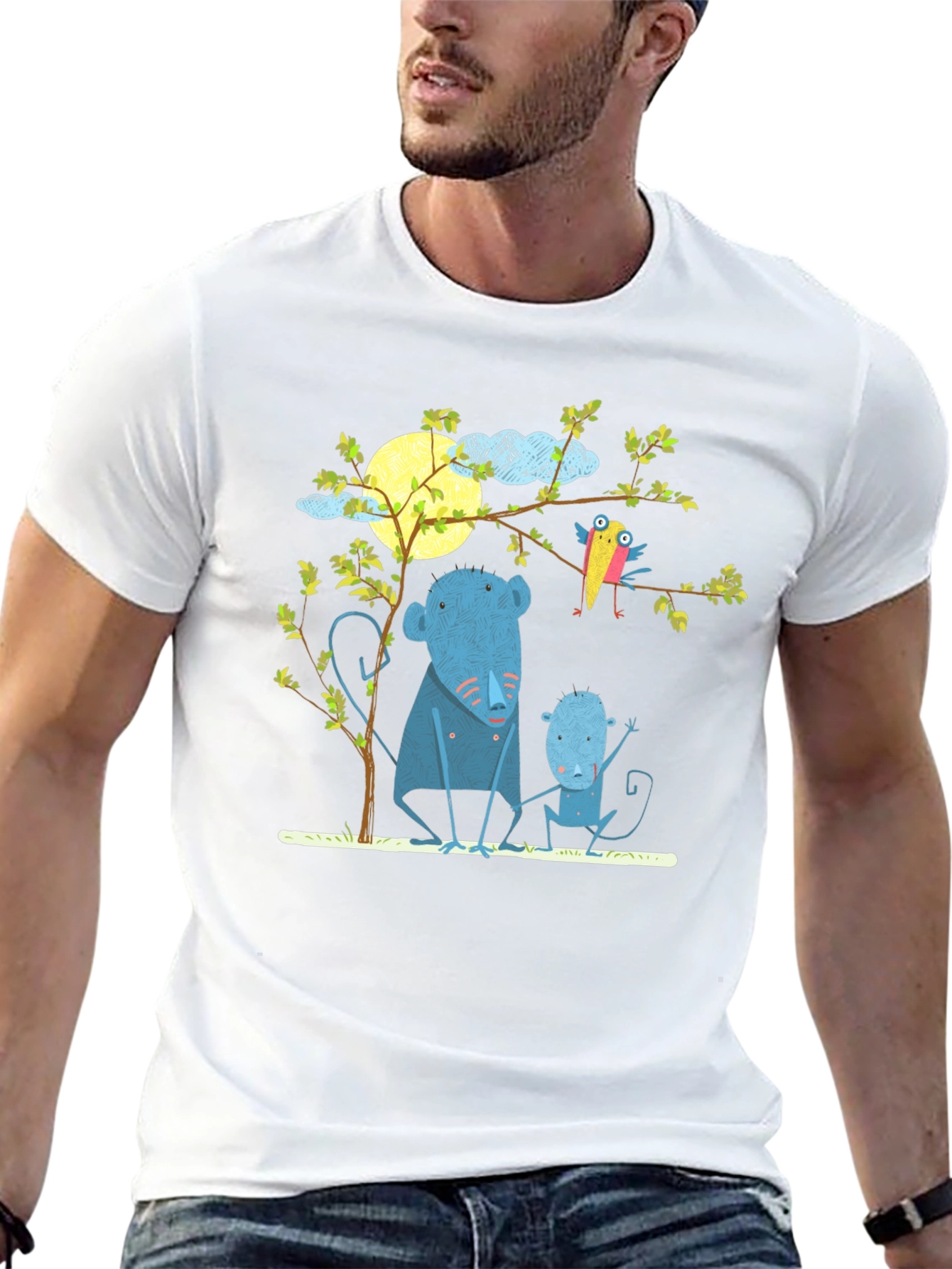 Camiseta negra con diseño de animales y luna