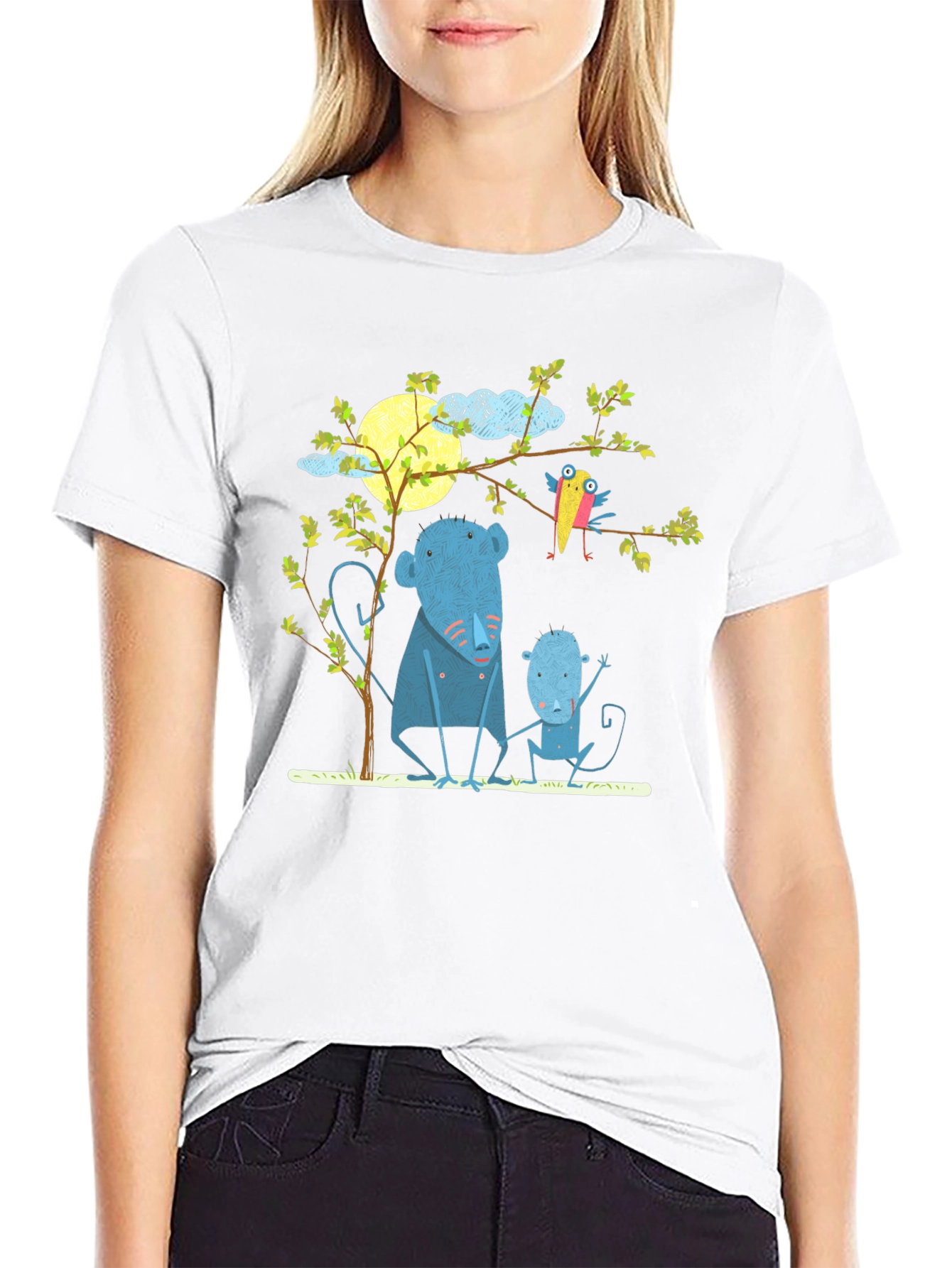 Camiseta negra con diseño de animales y luna