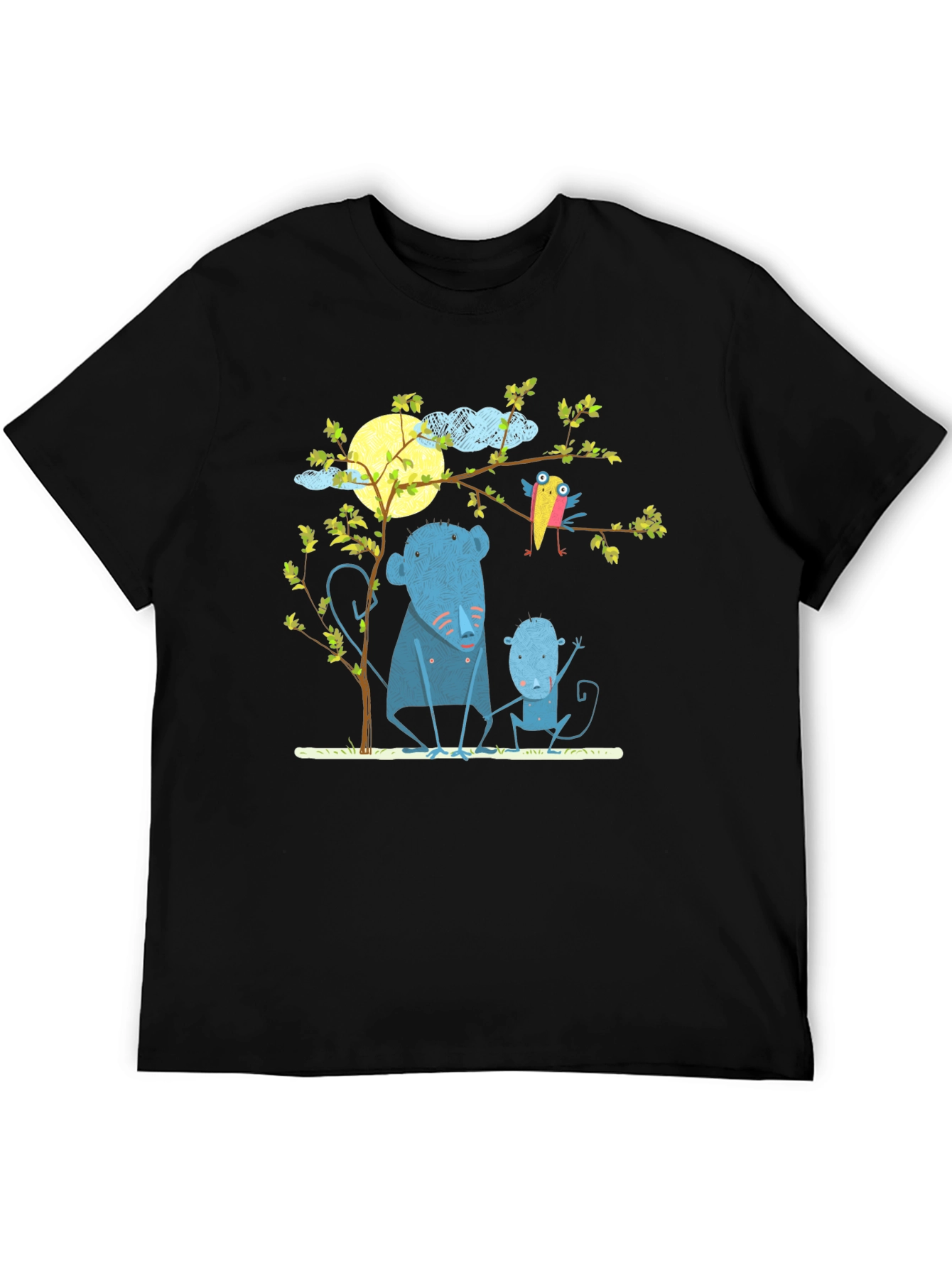 Camiseta negra con diseño de animales y luna
