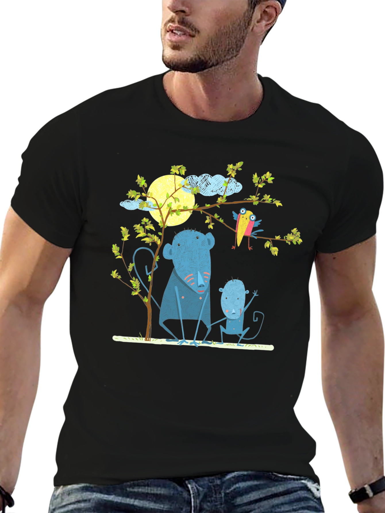 Camiseta negra con diseño de animales y luna
