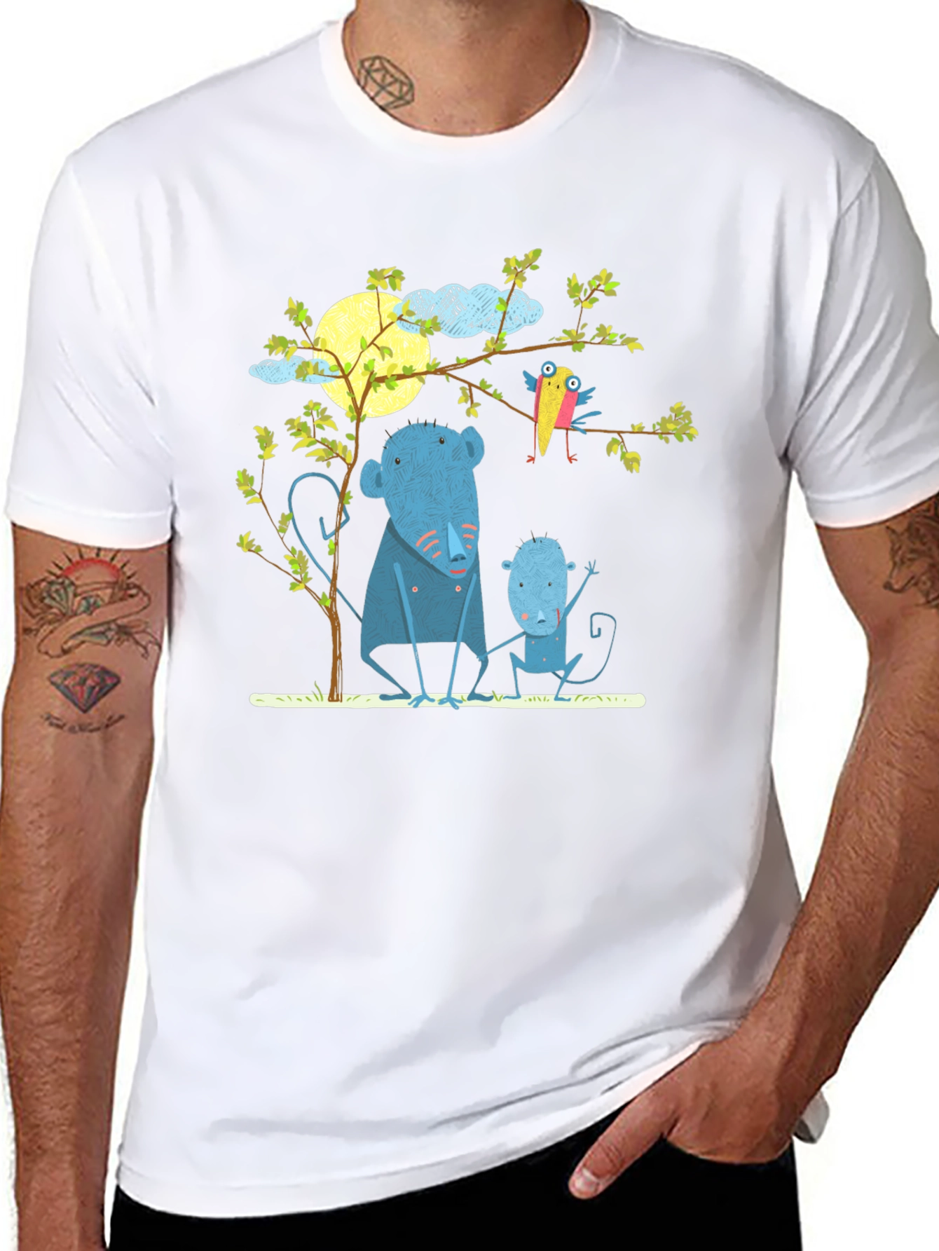 Camiseta negra con diseño de animales y luna