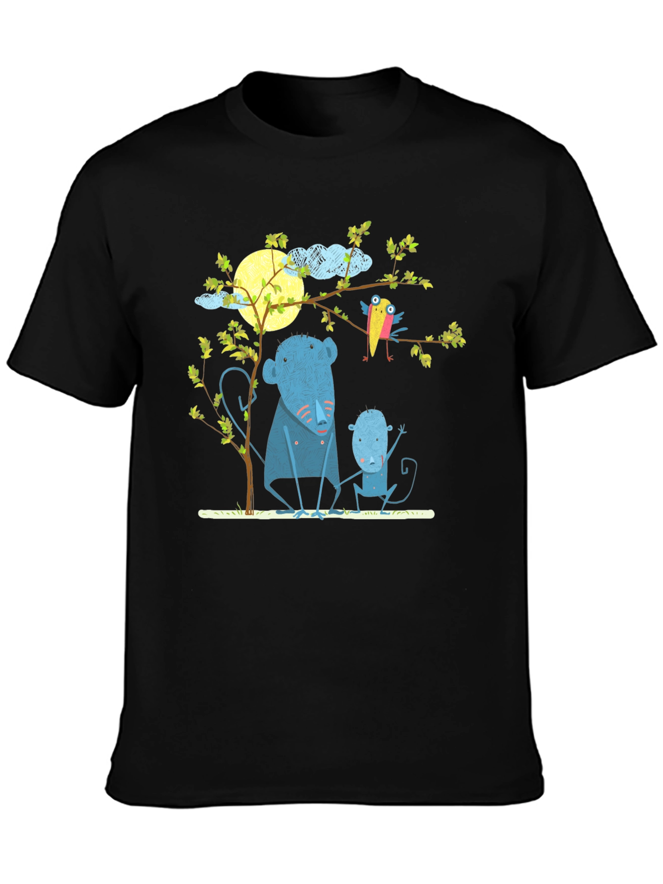 Camiseta negra con diseño de animales y luna