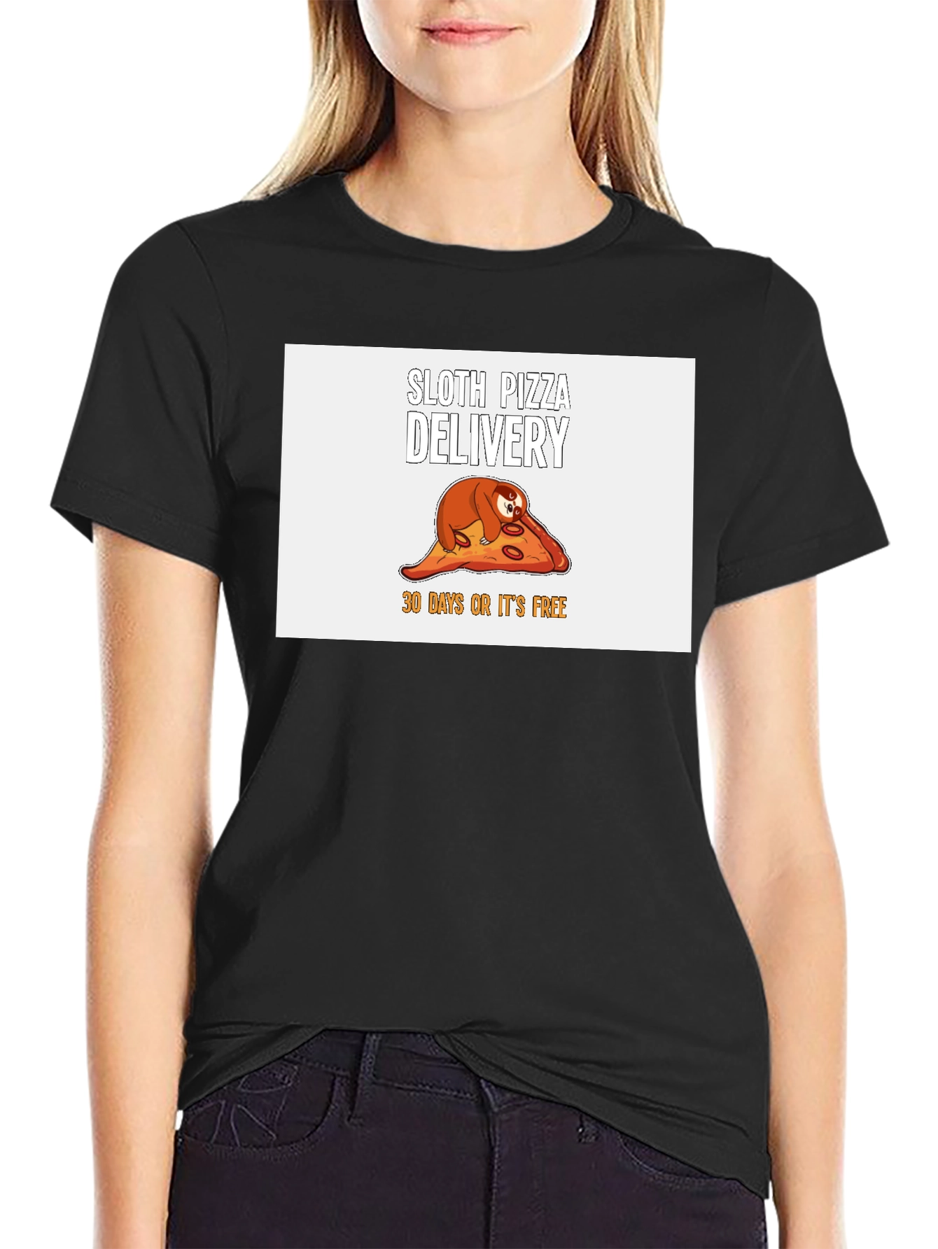 Camiseta Negra con Diseño de Perezoso Pizza Delivery