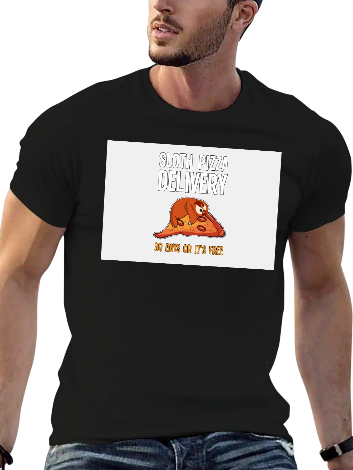 Camiseta Negra con Diseño de Perezoso Pizza Delivery