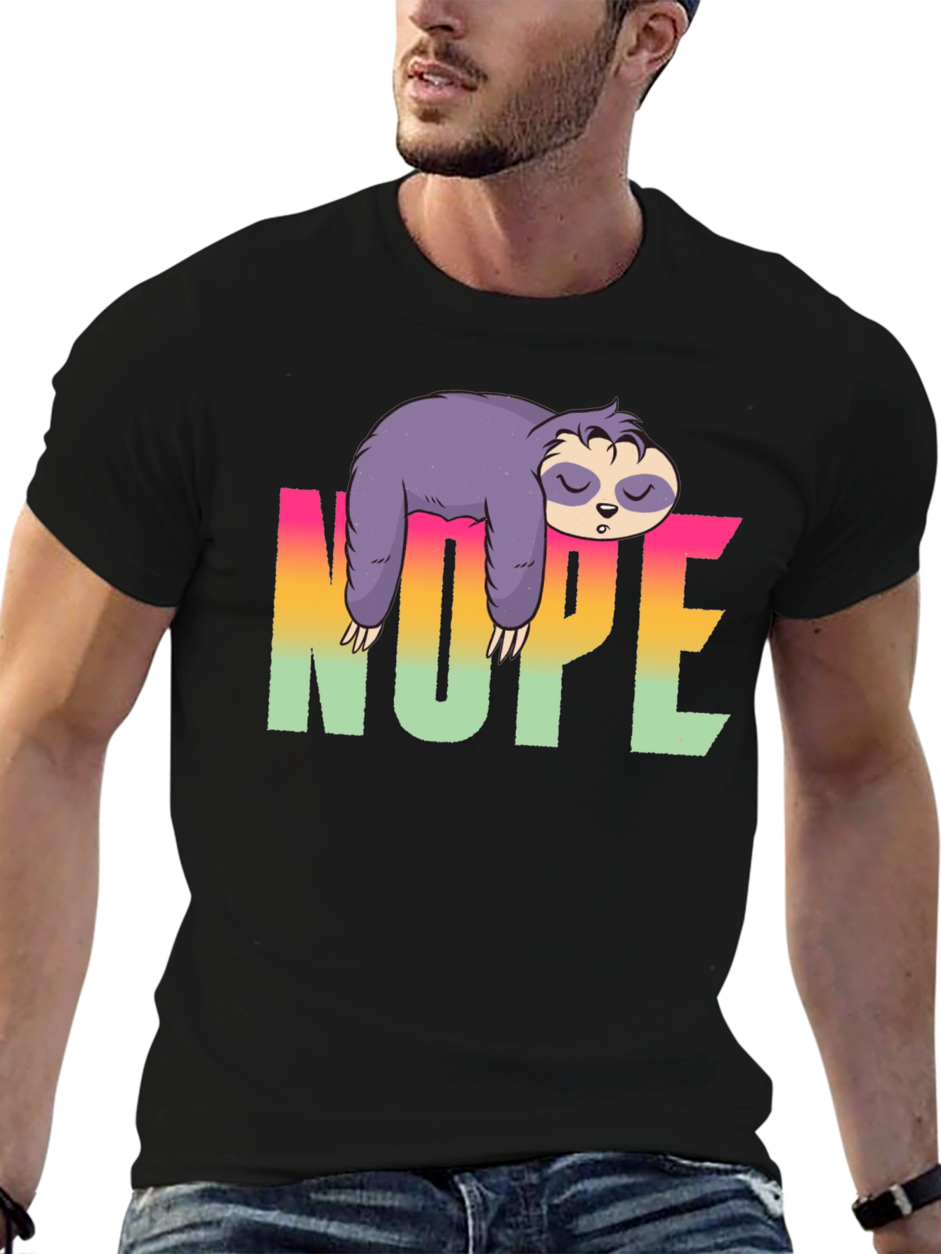 Camiseta Negra Perezosa con Diseño Nope
