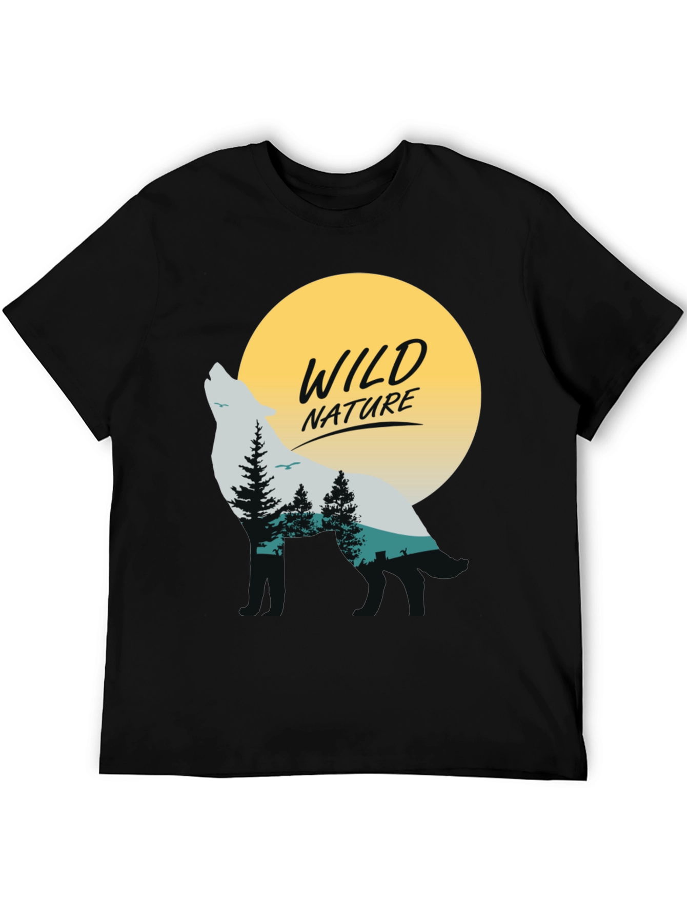 Camiseta Negra Hombre - Diseño Lobo y Naturaleza Salvaje