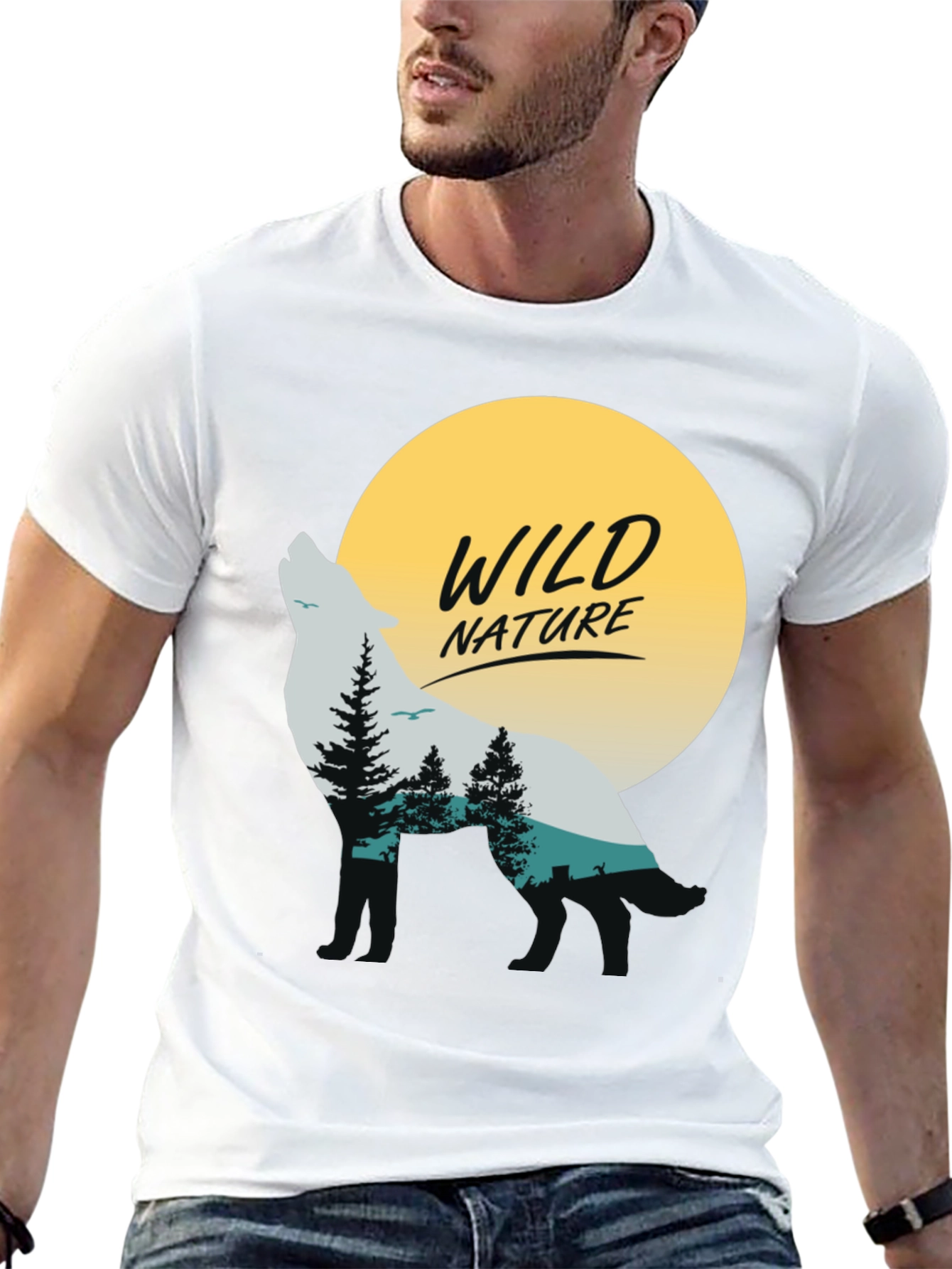 Camiseta Negra Hombre - Diseño Lobo y Naturaleza Salvaje