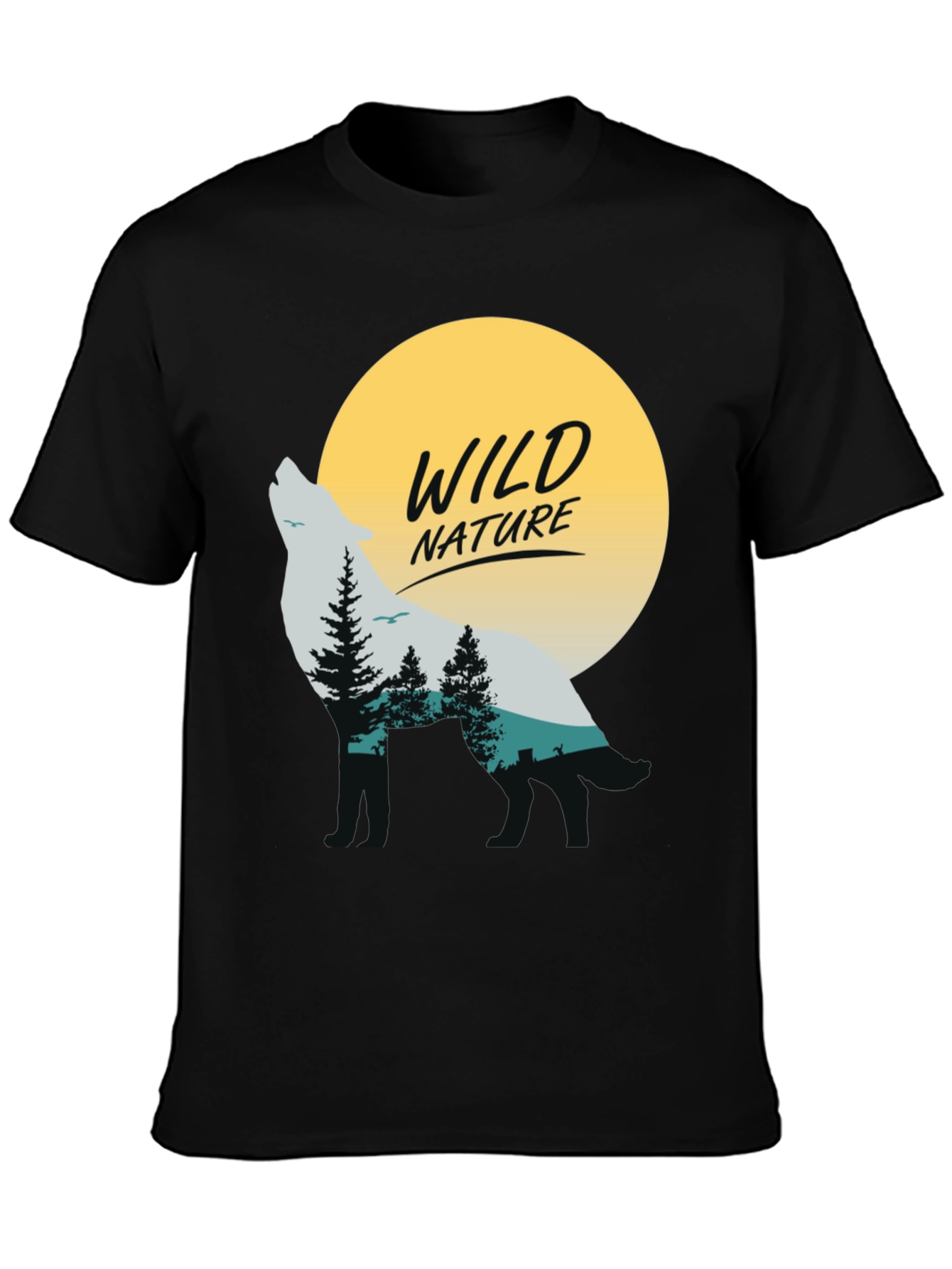 Camiseta Negra Hombre - Diseño Lobo y Naturaleza Salvaje