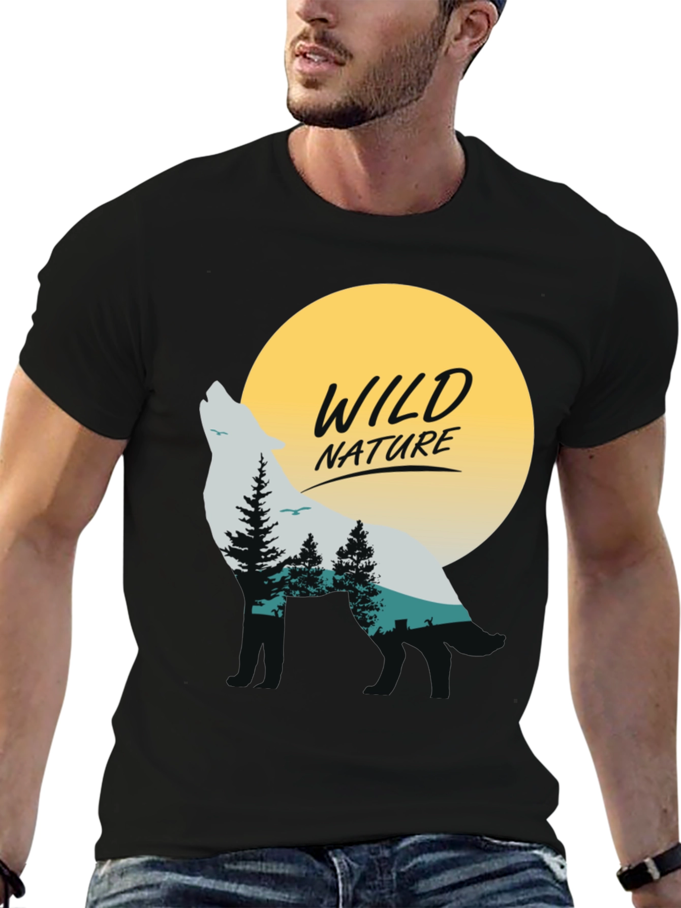 Camiseta Negra Hombre - Diseño Lobo y Naturaleza Salvaje