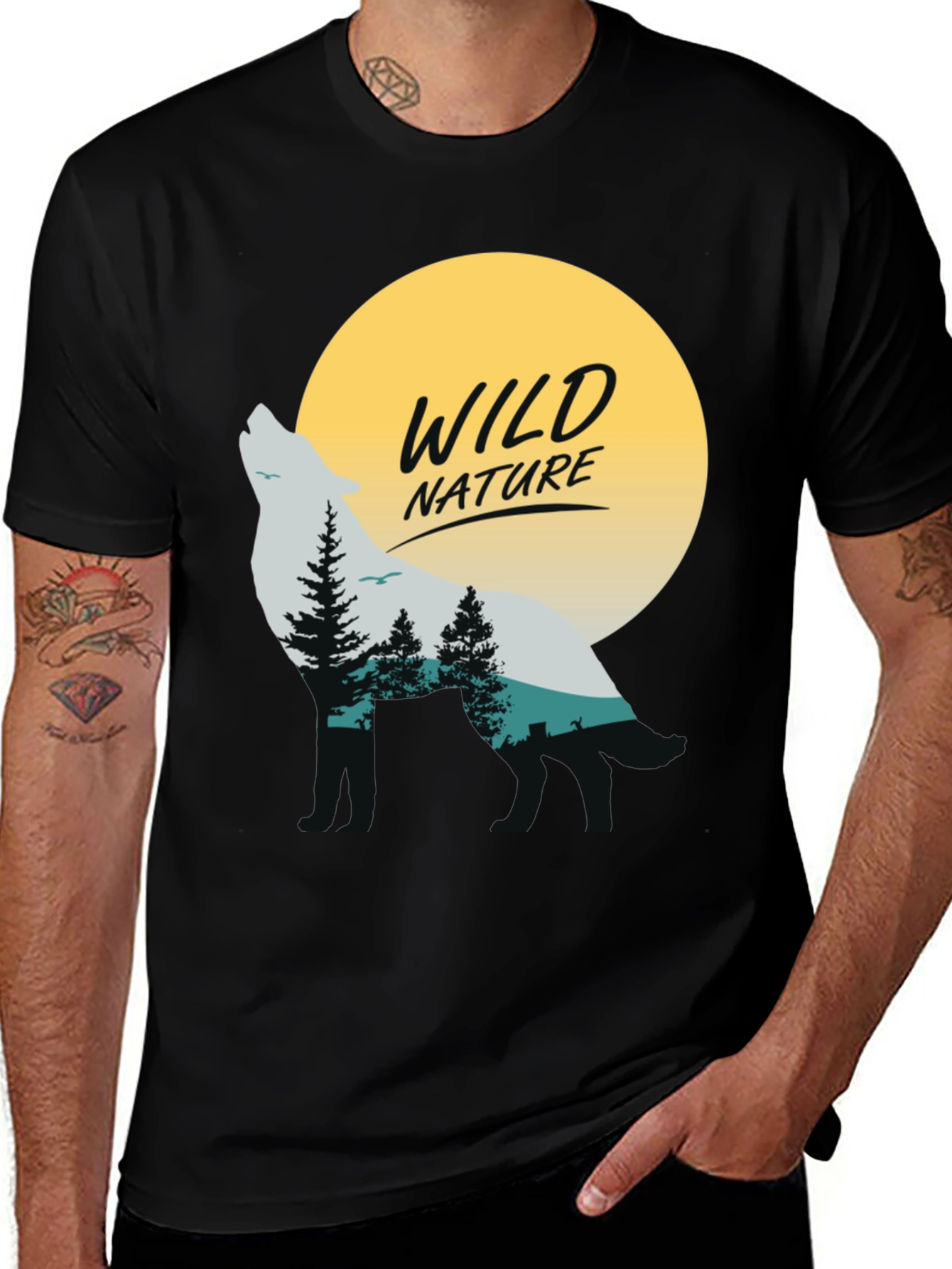 Camiseta Negra Hombre - Diseño Lobo y Naturaleza Salvaje