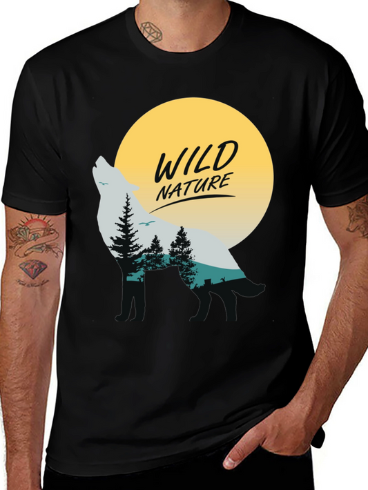 Camiseta Negra Hombre - Diseño Lobo y Naturaleza Salvaje