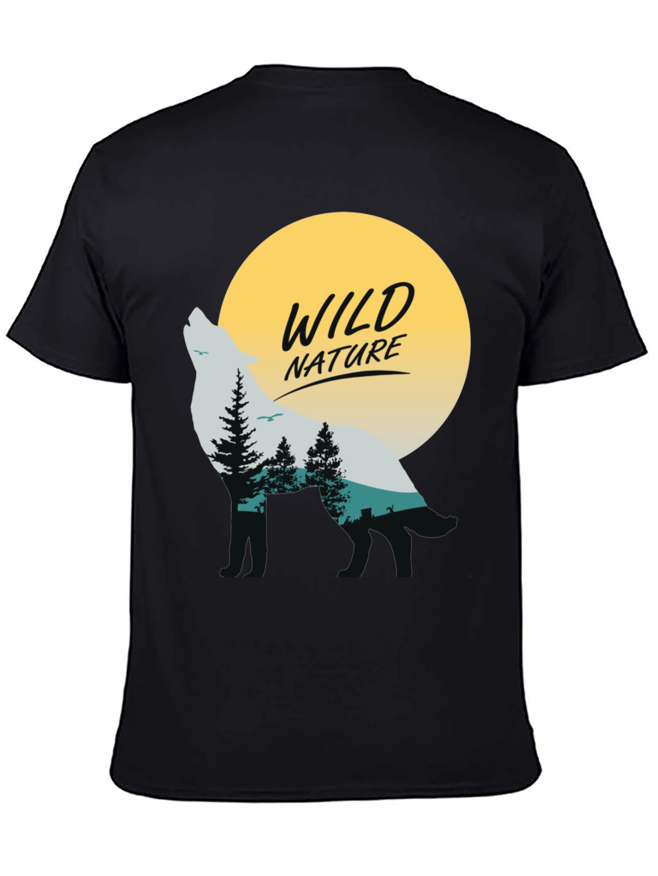 Camiseta Negra Hombre - Diseño Lobo y Naturaleza Salvaje