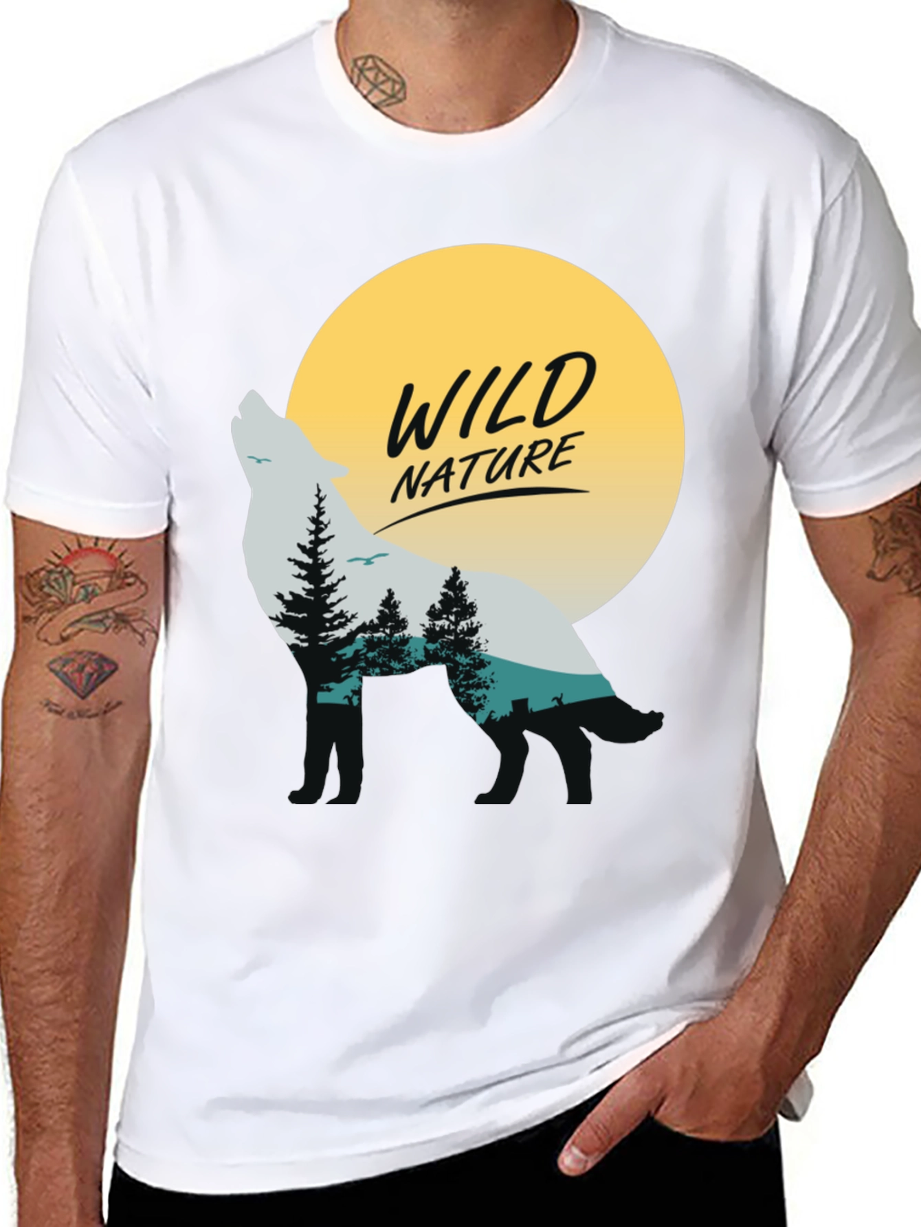 Camiseta Negra Hombre - Diseño Lobo y Naturaleza Salvaje