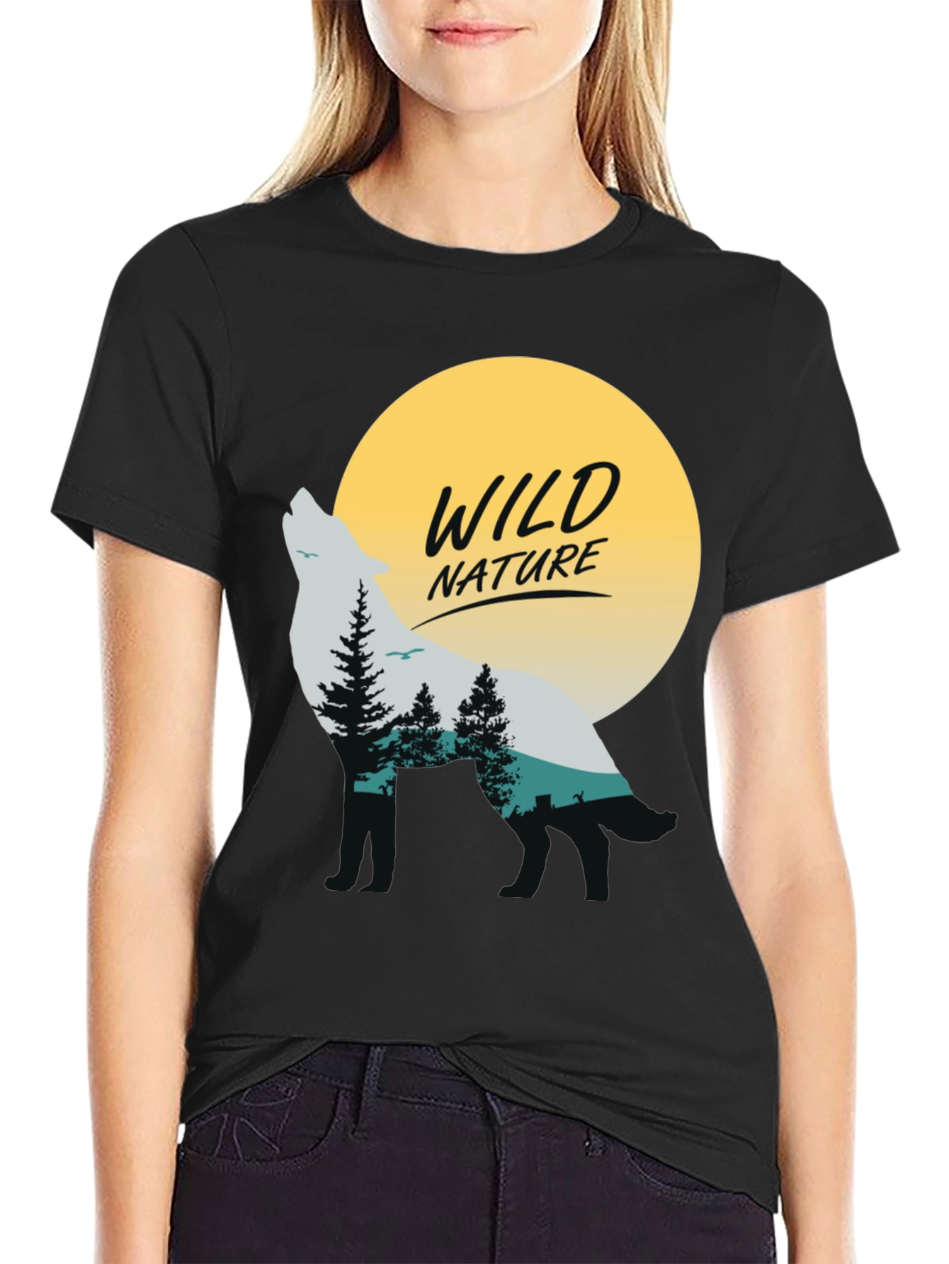 Camiseta Negra Hombre - Diseño Lobo y Naturaleza Salvaje