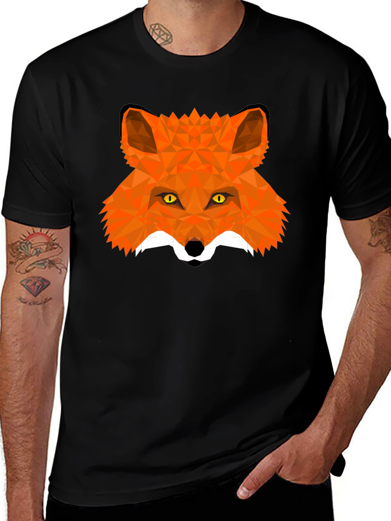 Camiseta Negra Hombre Diseño Zorro Geométrico