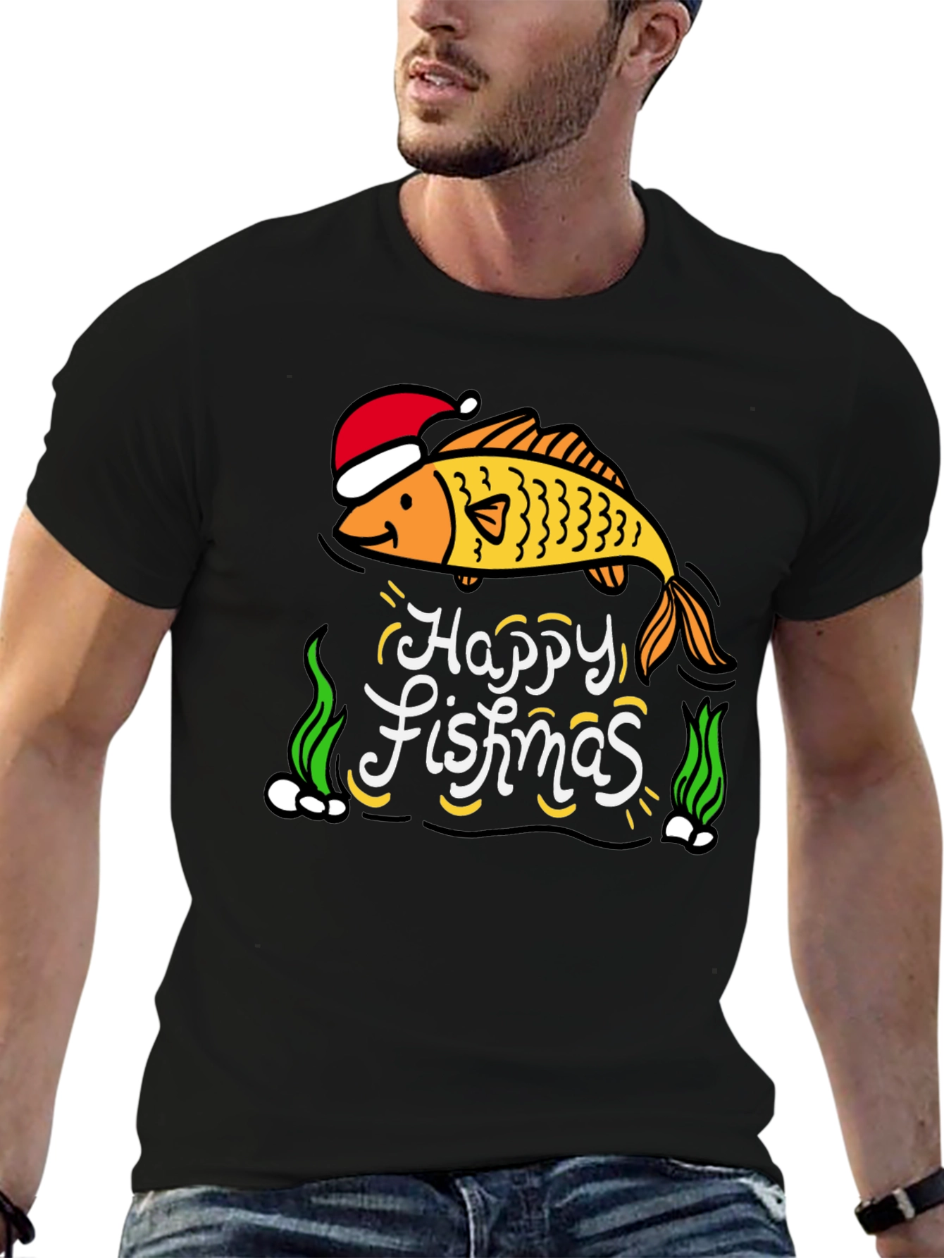 Camiseta Negra Navideña con Diseño de Pez Happy Fishmas