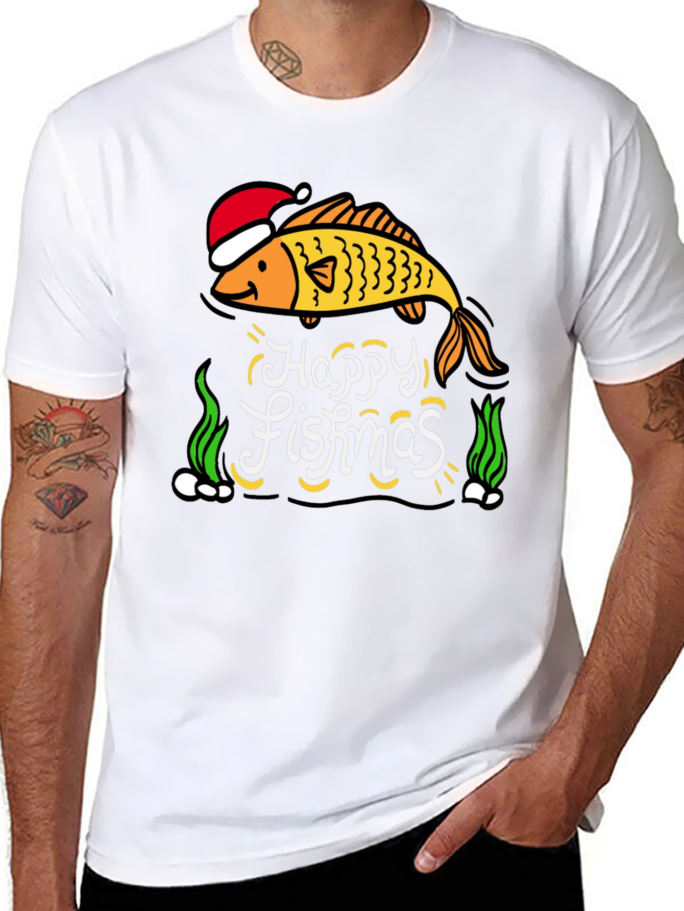 Camiseta Negra Navideña con Diseño de Pez Happy Fishmas